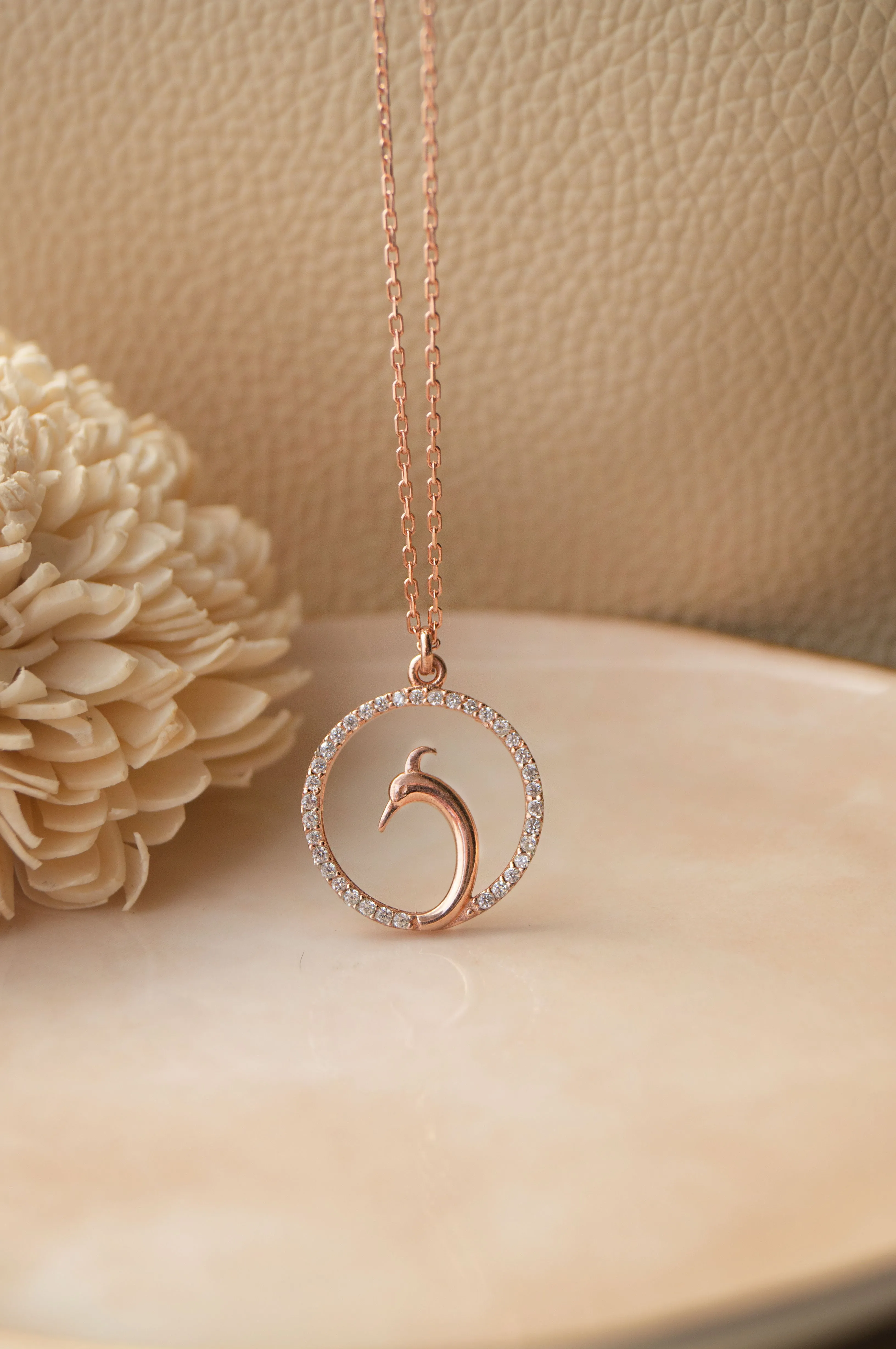 Elegant Encircled Peacock Rose Gold Plated Sterling Silver Chain Necklace