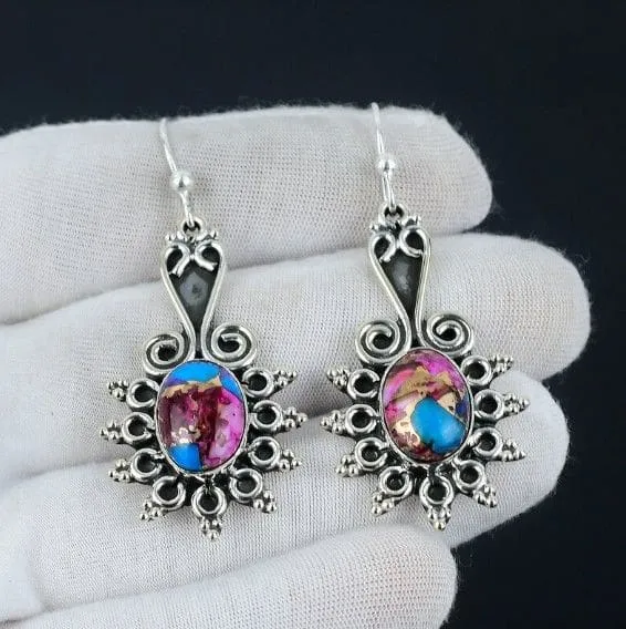 Elegant Purple Copper Turquoise Gemstone 925 Sterling Silver Earrings