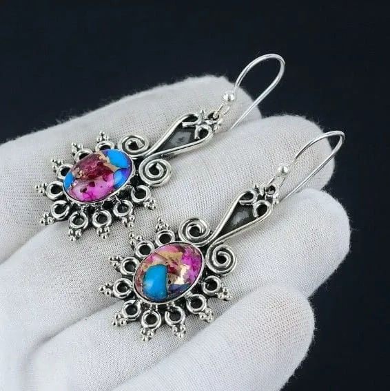 Elegant Purple Copper Turquoise Gemstone 925 Sterling Silver Earrings