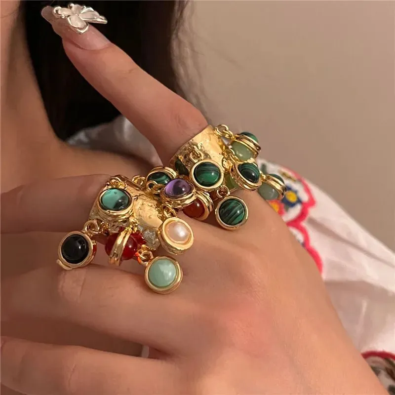 Elegant Vintage Malachite Glass Multi-Pendant Ring for Women's