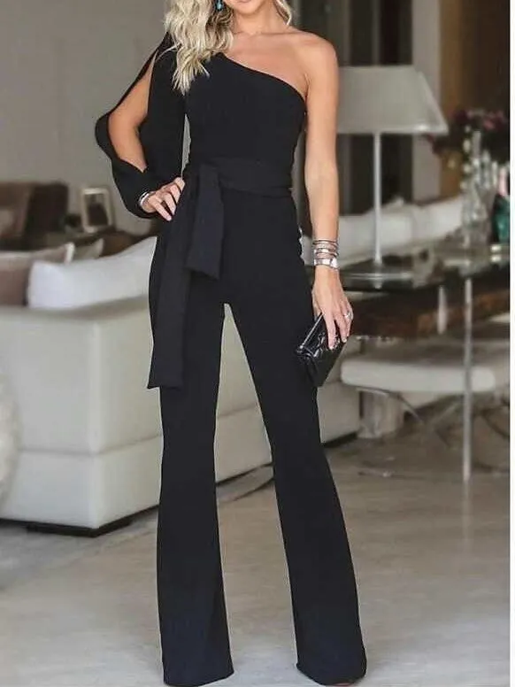 Elegant White Cold Shoulder Jumpsuit with Long Sleeves for Women