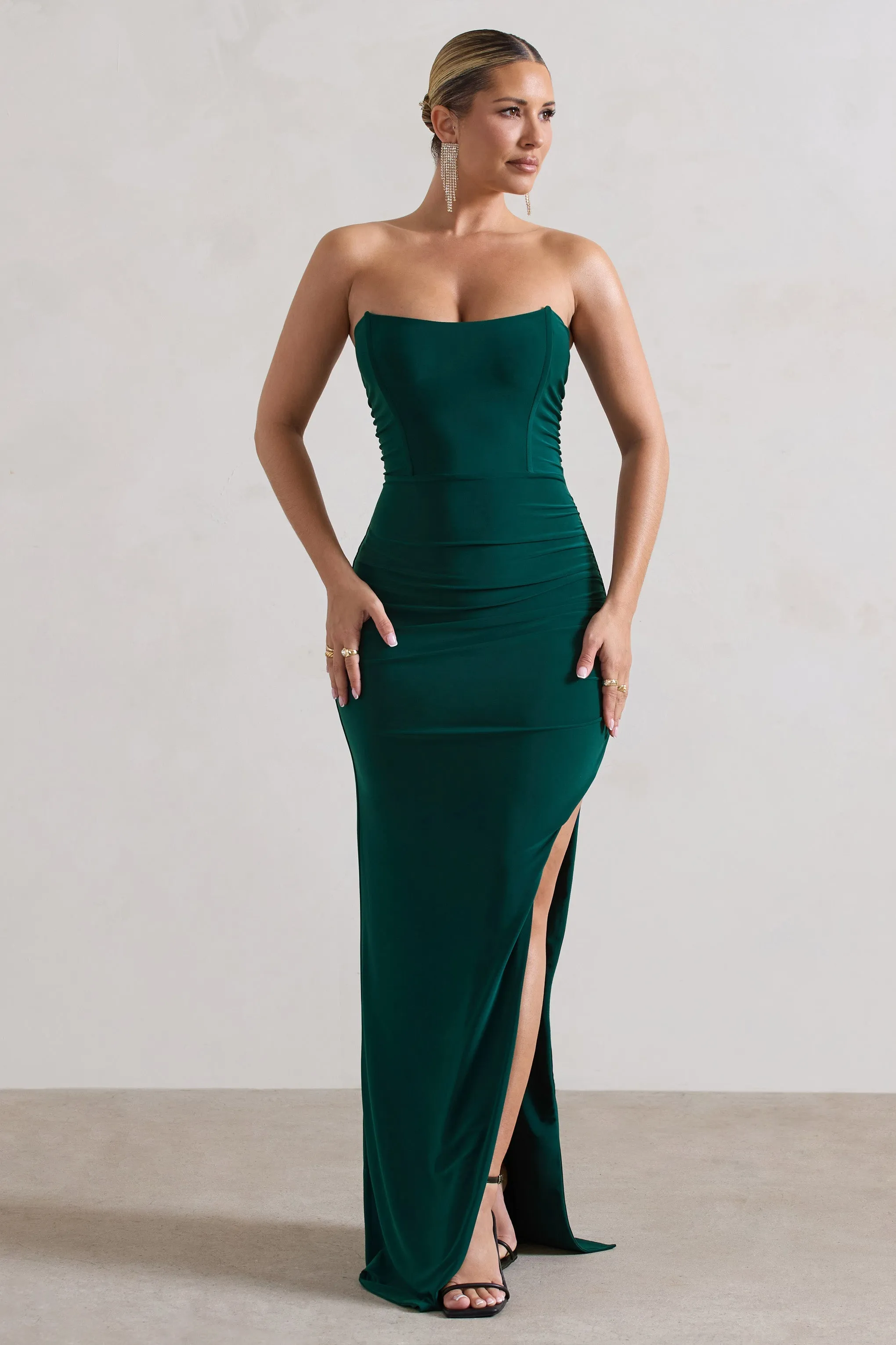 Eletta | Bottle Green Ruched Bandeau Asymmetric Maxi Dress