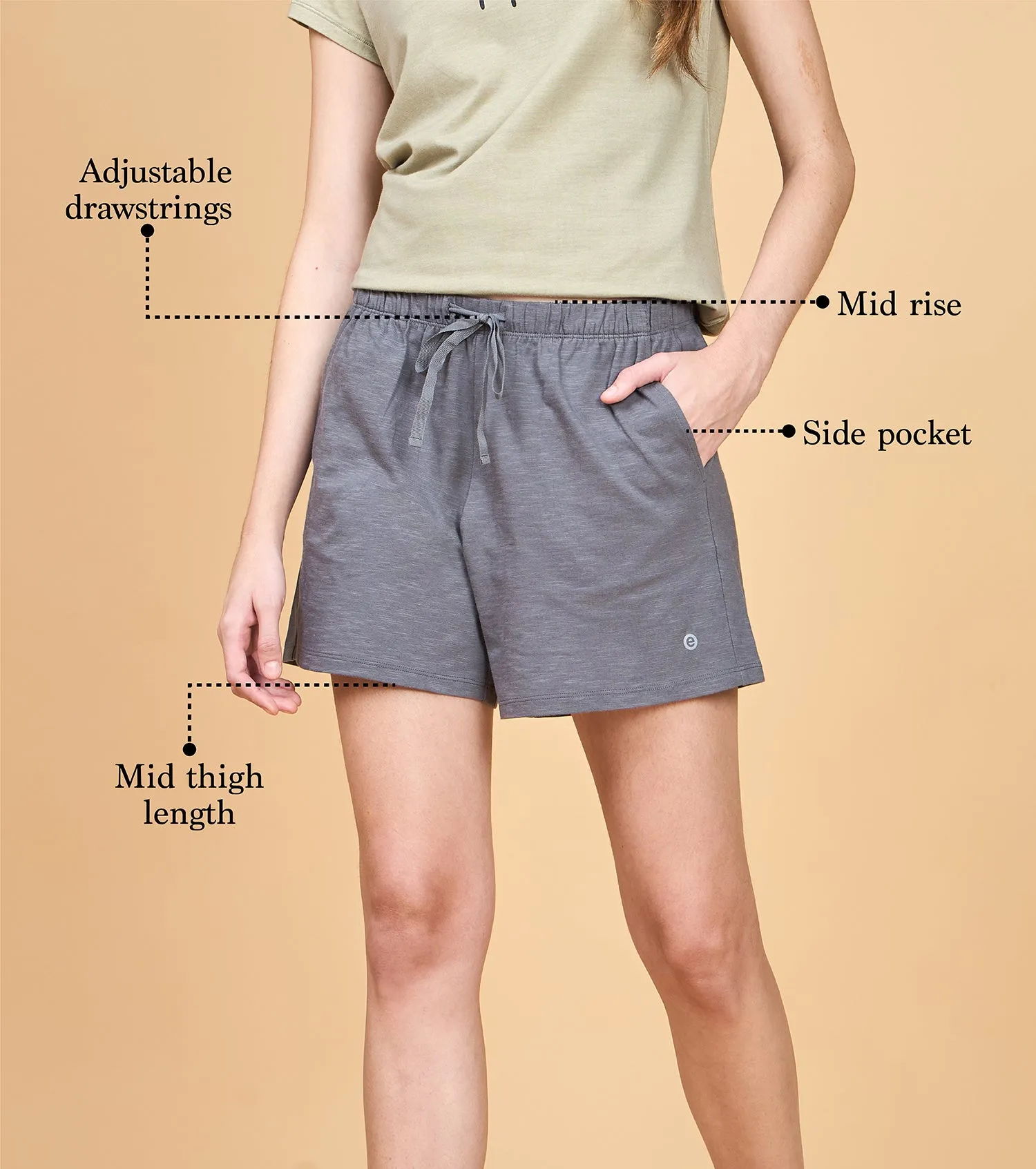 Enamor Essentials Womens E062-Mid Rise Relaxed Fit Thigh Length Jersey Shorts