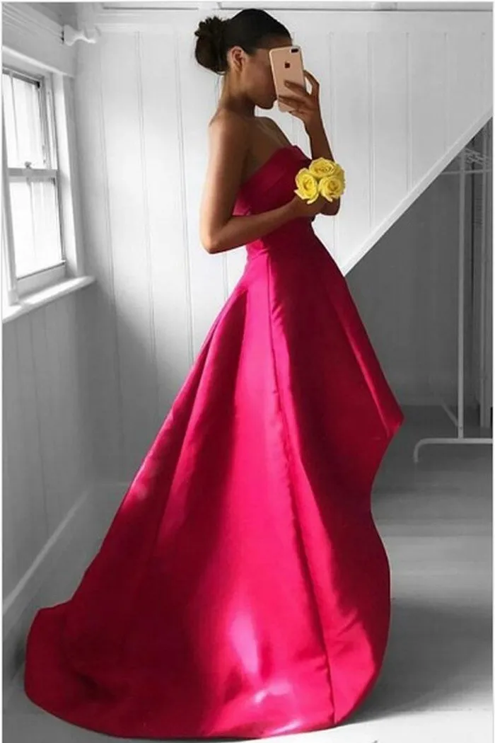 Fabulous Strapless Red Sleeveless High Low Fuchsia Pleated Prom Dresses