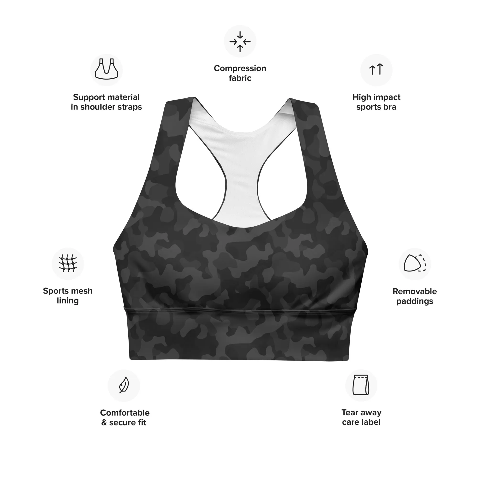 FlexiExtend Longline Sports Bra – Black Camo