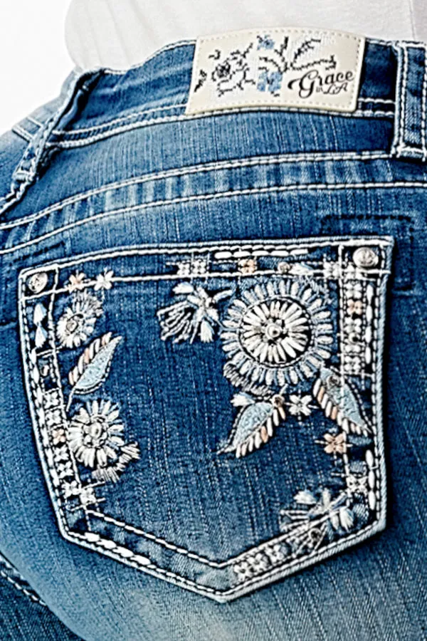 Floral Embellishment Mid Rise Bootcut Jeans