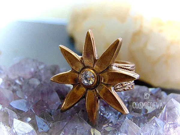 Flower Cocktail Ring, Star Flower Statement Ring, Gold Bronze Ring , SIZE 7 Ring