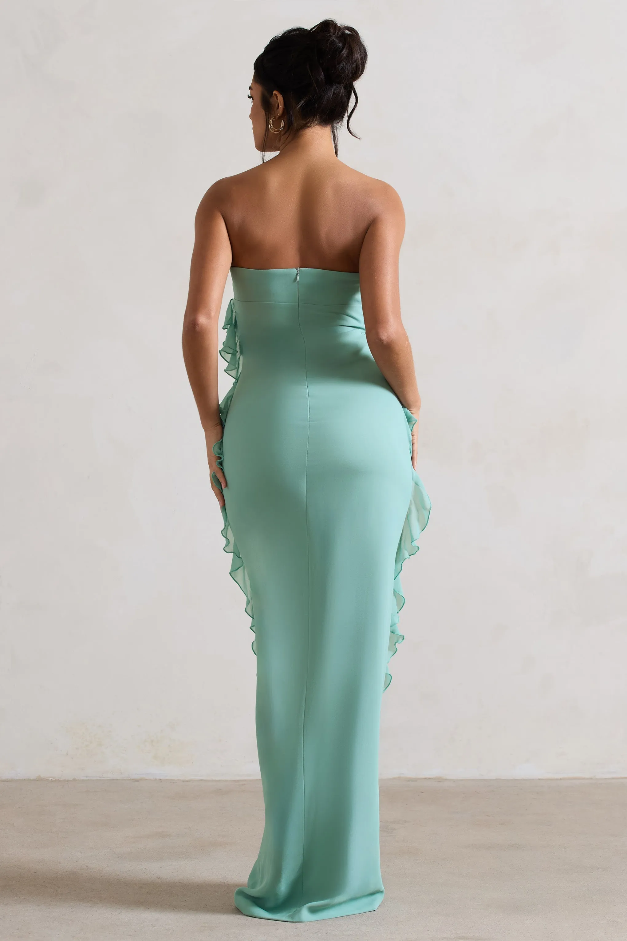 Gardenia | Mint Green Strapless Ruffle Maxi Dress With Corsage