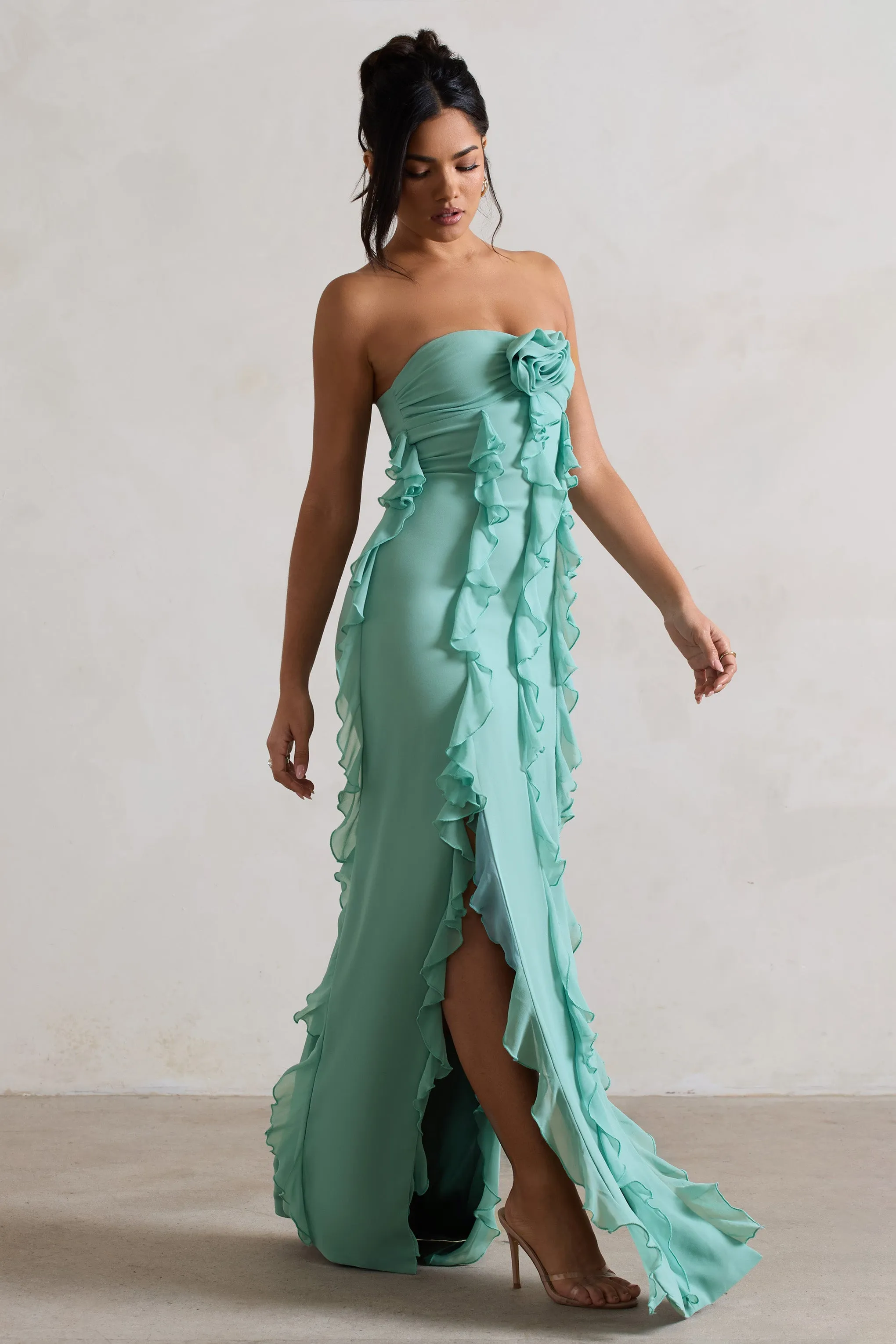 Gardenia | Mint Green Strapless Ruffle Maxi Dress With Corsage