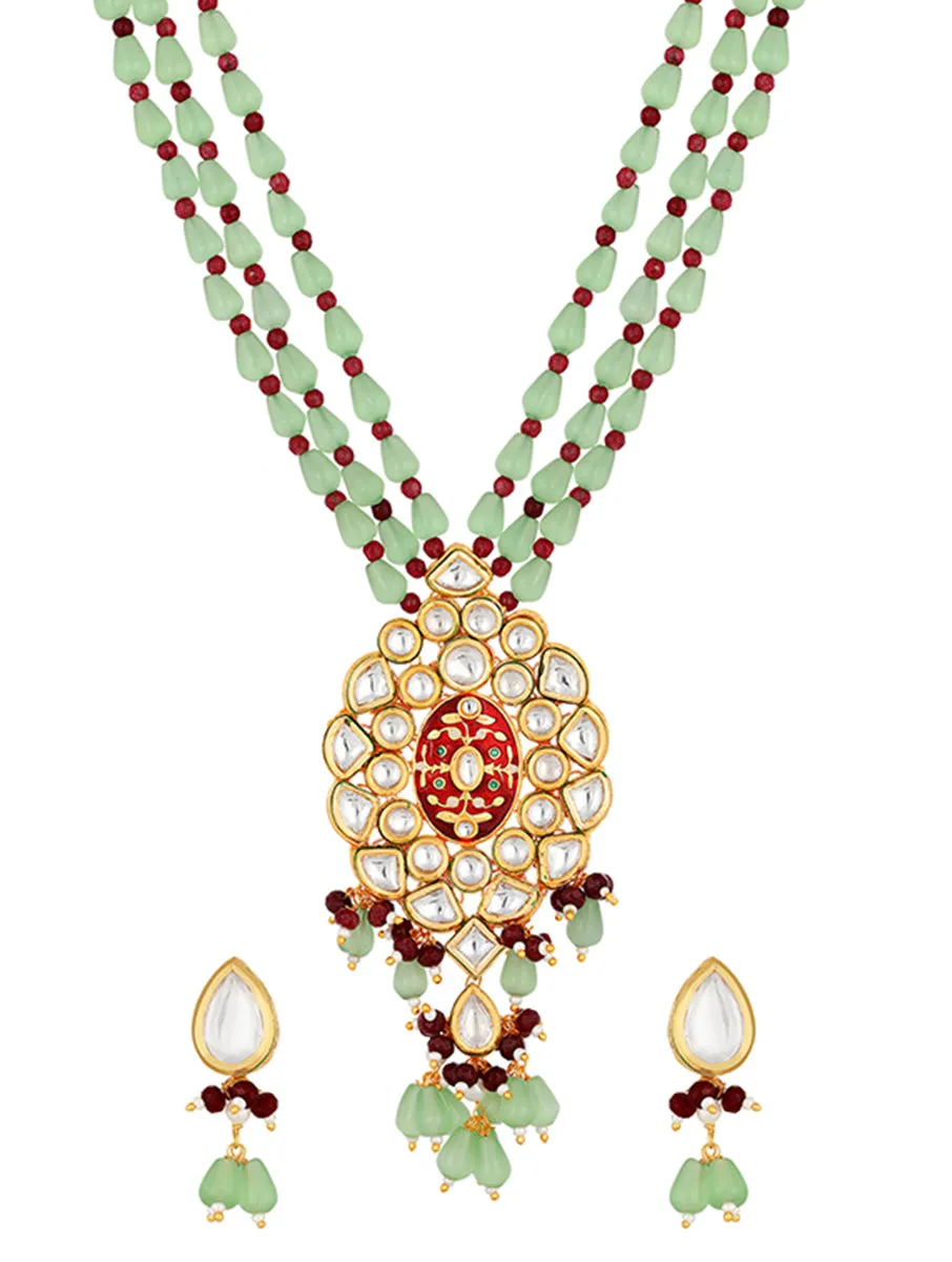 Golden, Mint Green Agates, Kundan Polki Necklace Set