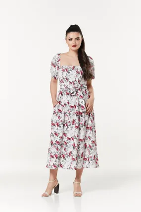 Grace A-Line Dress with Shirring top and puff sleeves