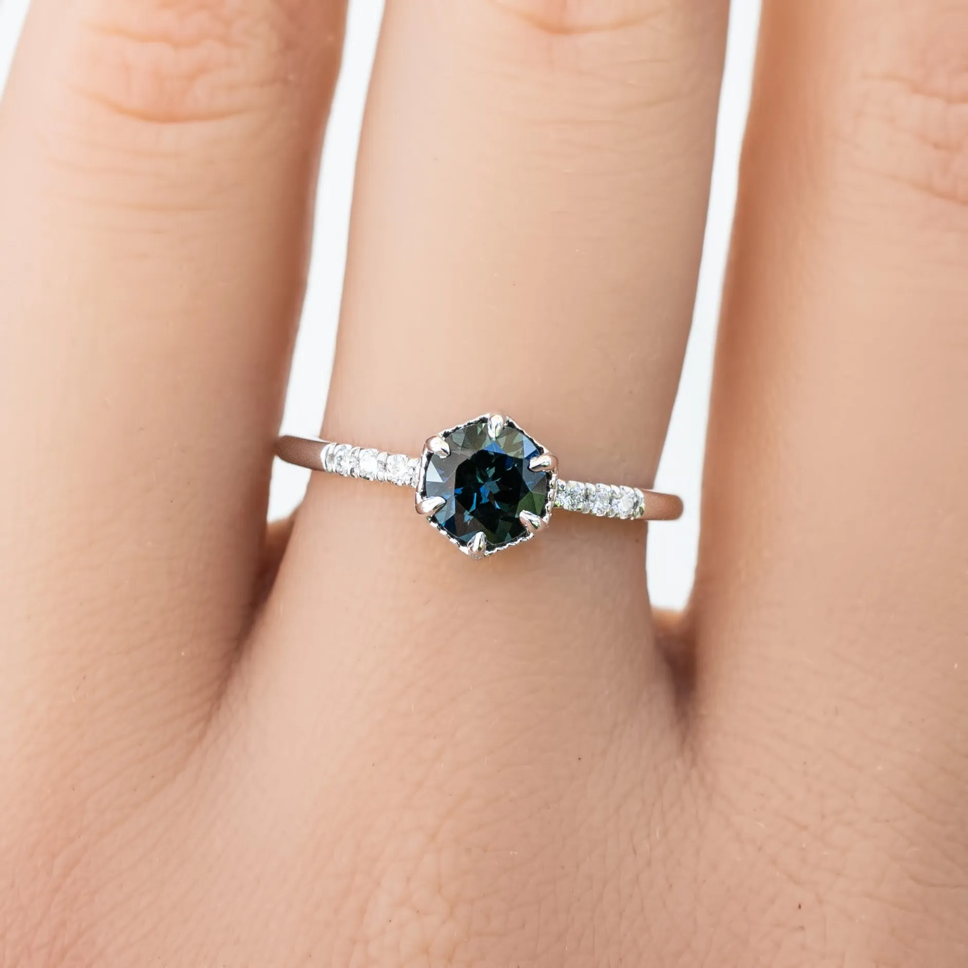 Grace Ring 5.5mm 0.82ct Teal Blue Round Queensland Sapphire, 14k White Gold (One of a kind)