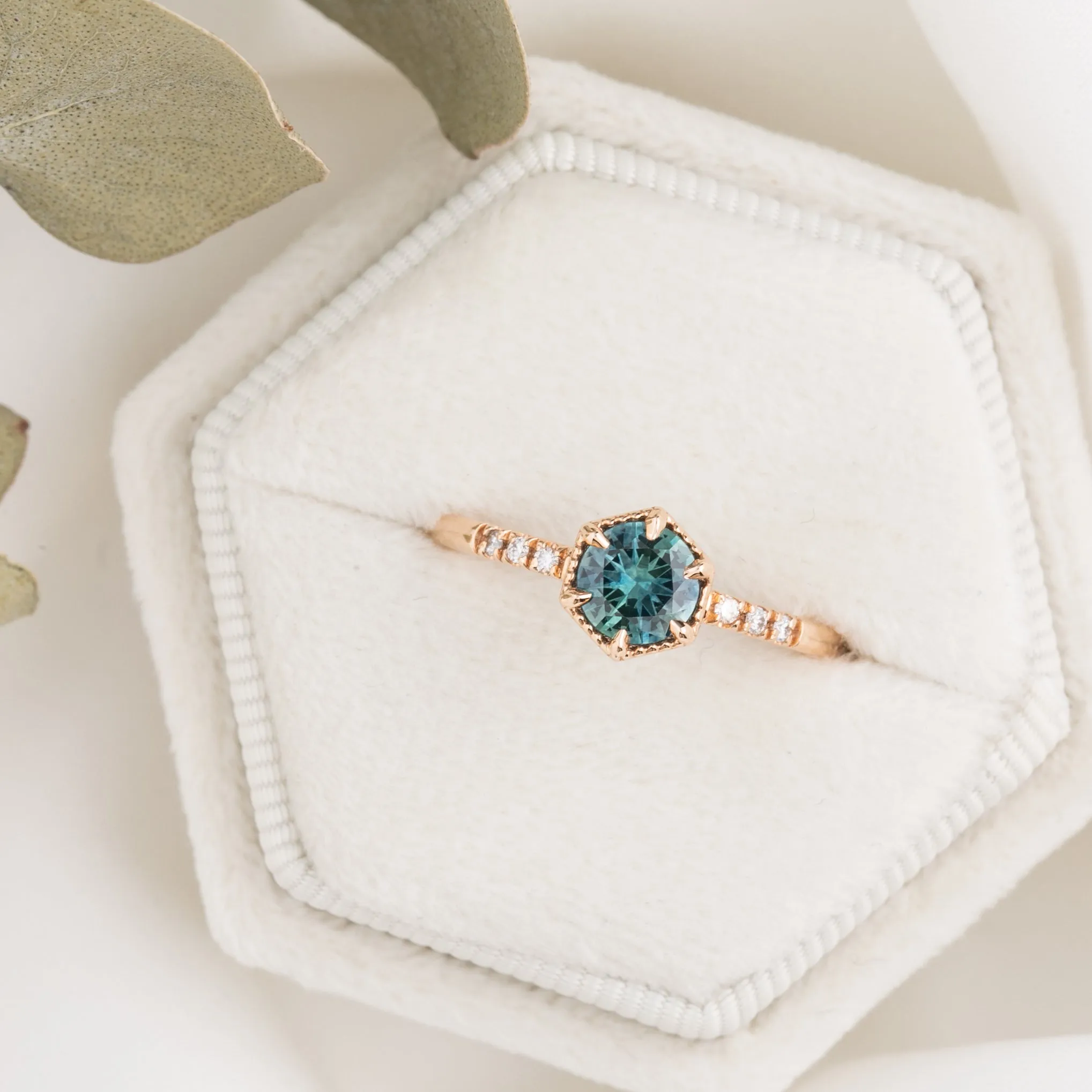 Grace Ring 5.5mm Teal Blue Round Montana Sapphire, 14k Rose Gold