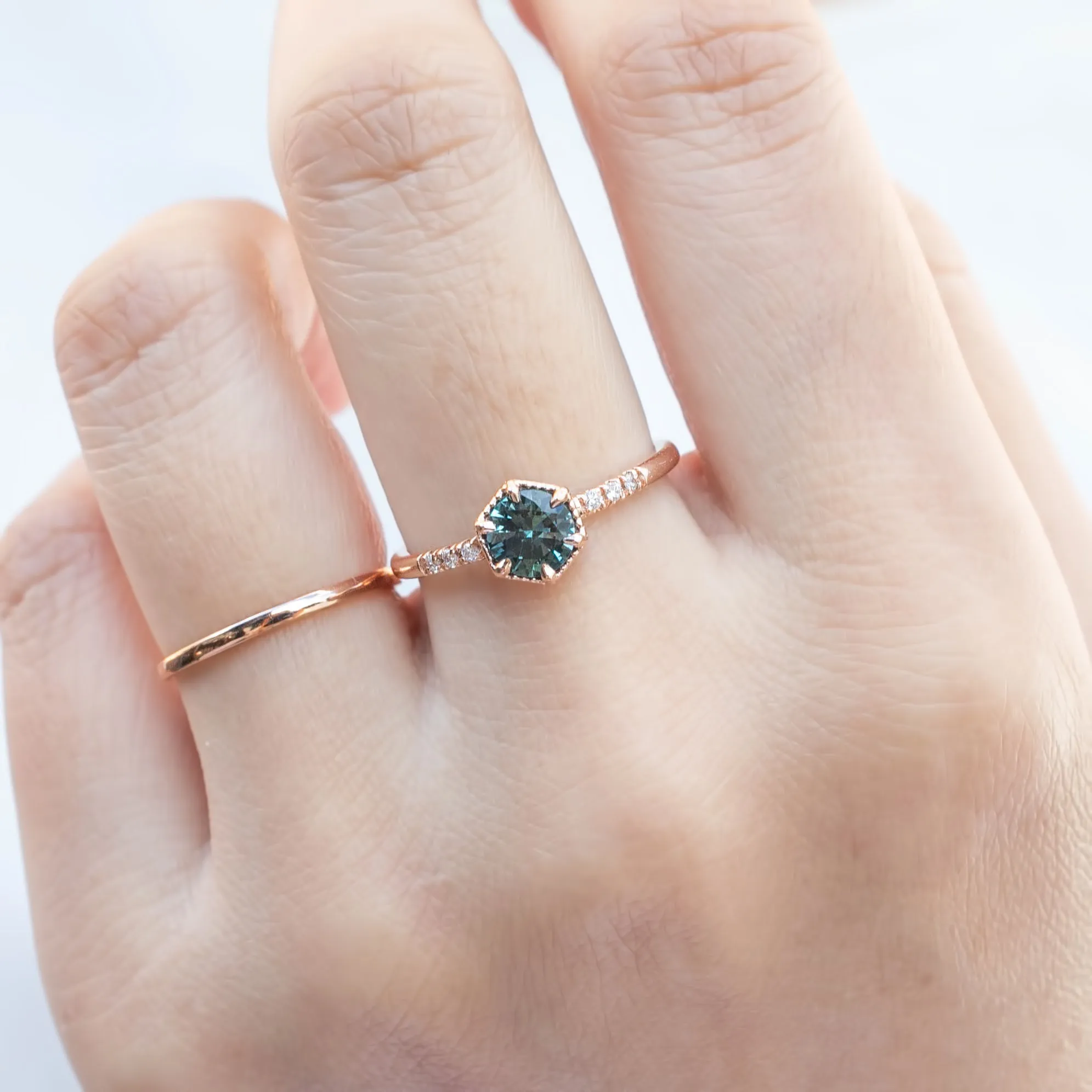 Grace Ring 5.5mm Teal Blue Round Montana Sapphire, 14k Rose Gold