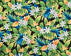 Hawaiian Tiare Flower and Monstera Leaf Black Fabric