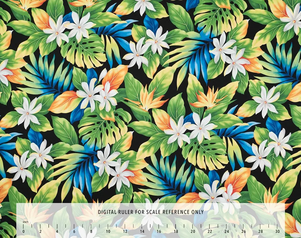 Hawaiian Tiare Flower and Monstera Leaf Black Fabric