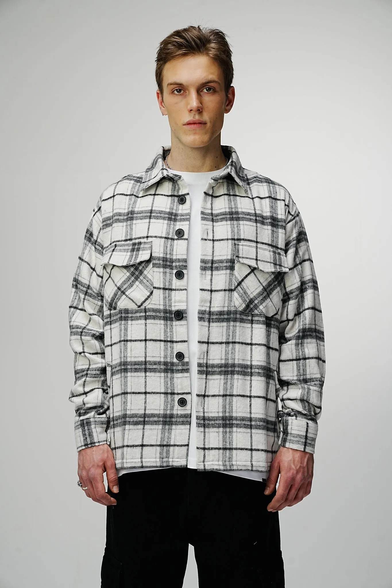 Heavy Flannel Oversized Shirt Cream Black