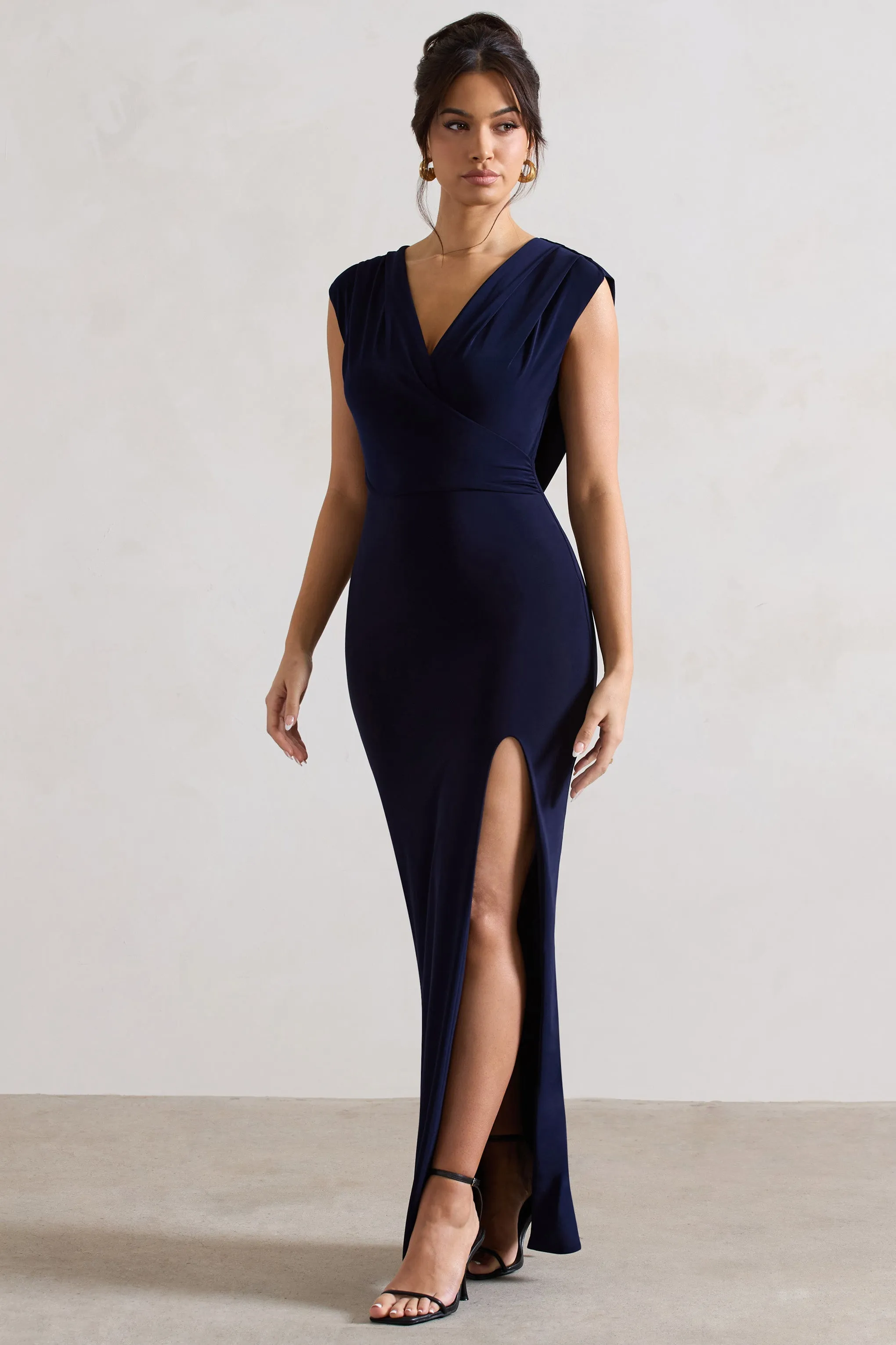 Honour | Navy V-Neck Split Maxi Dress With Cowl-Back