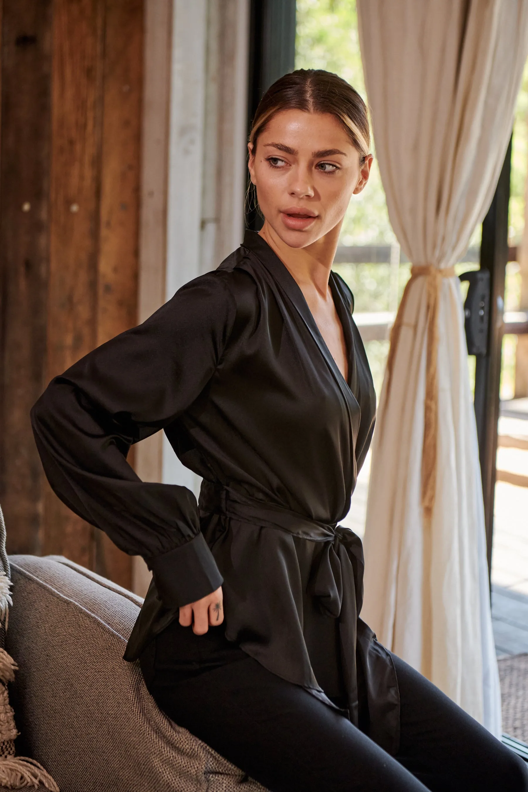 Iris Wrap Black Satin Long Sleeve Evening Top