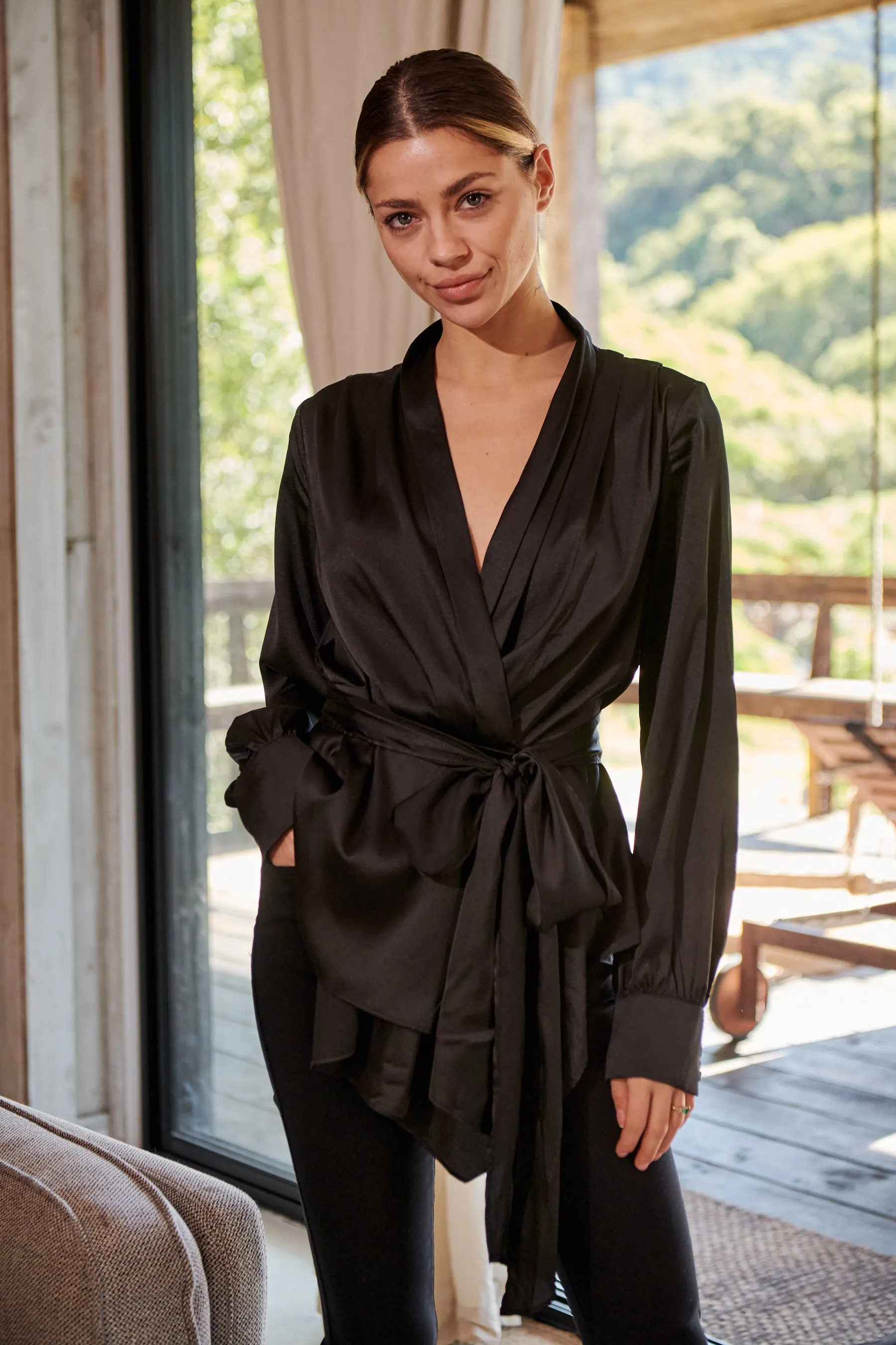 Iris Wrap Black Satin Long Sleeve Evening Top