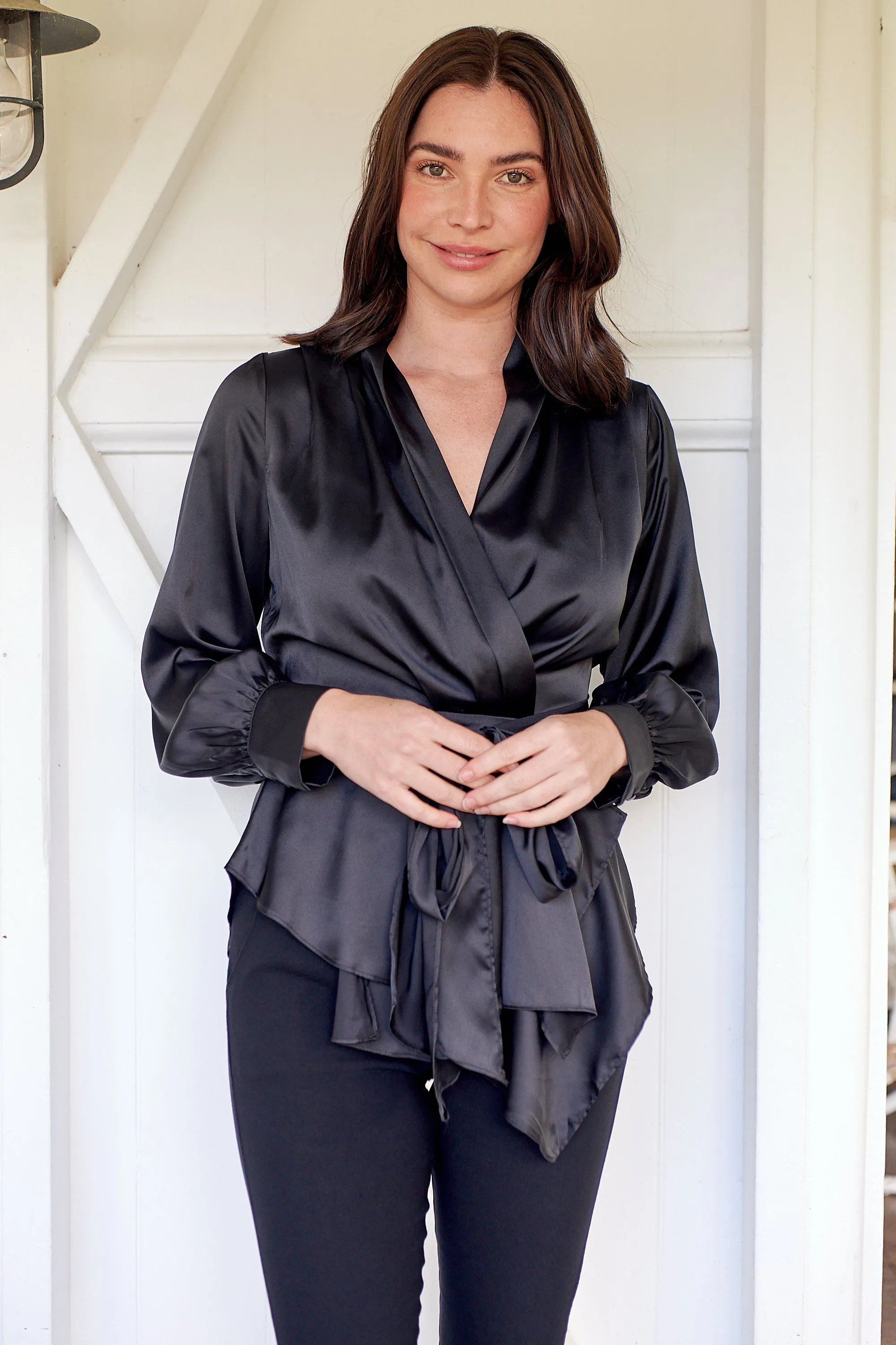 Iris Wrap Black Satin Long Sleeve Evening Top