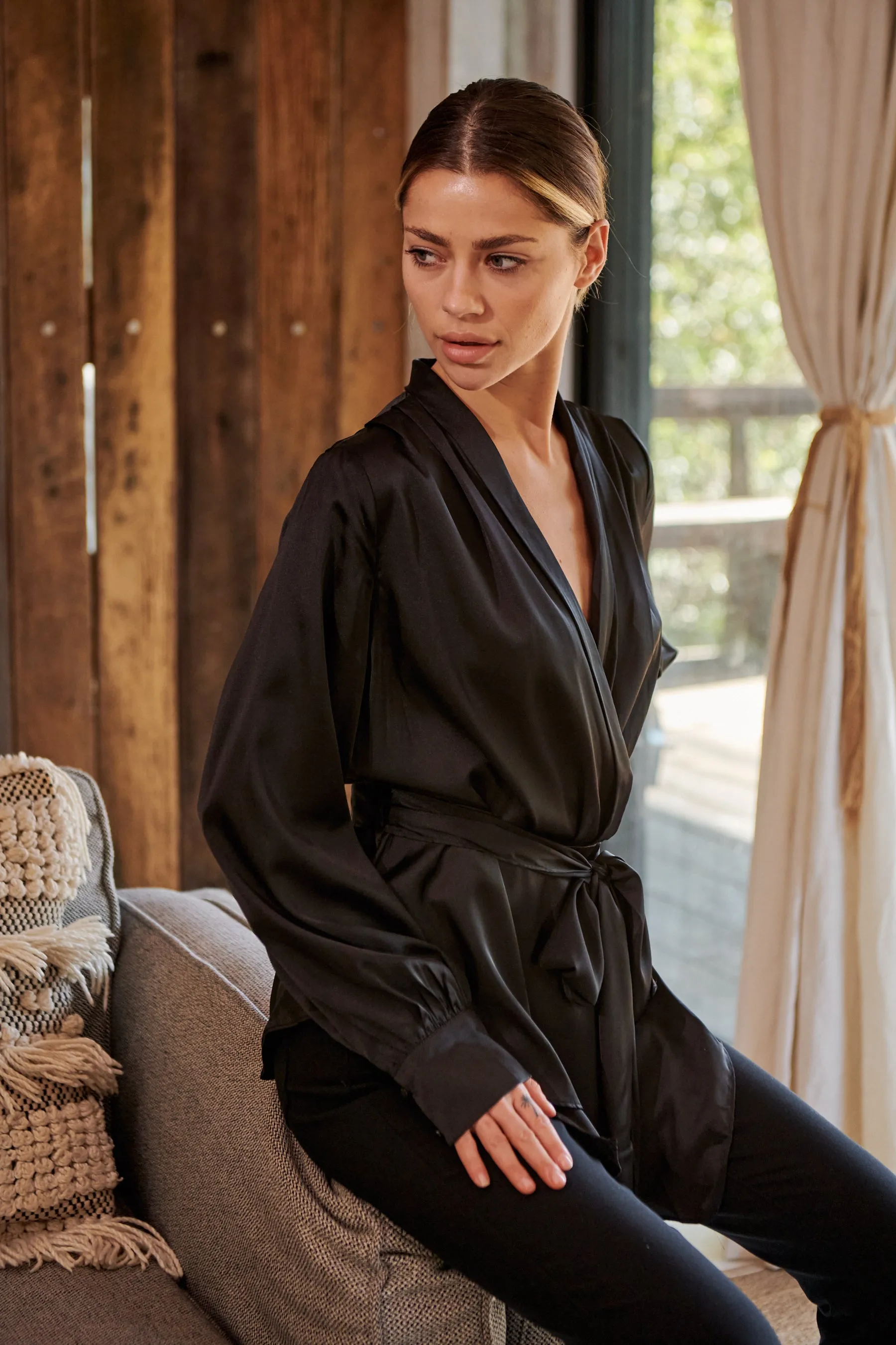 Iris Wrap Black Satin Long Sleeve Evening Top