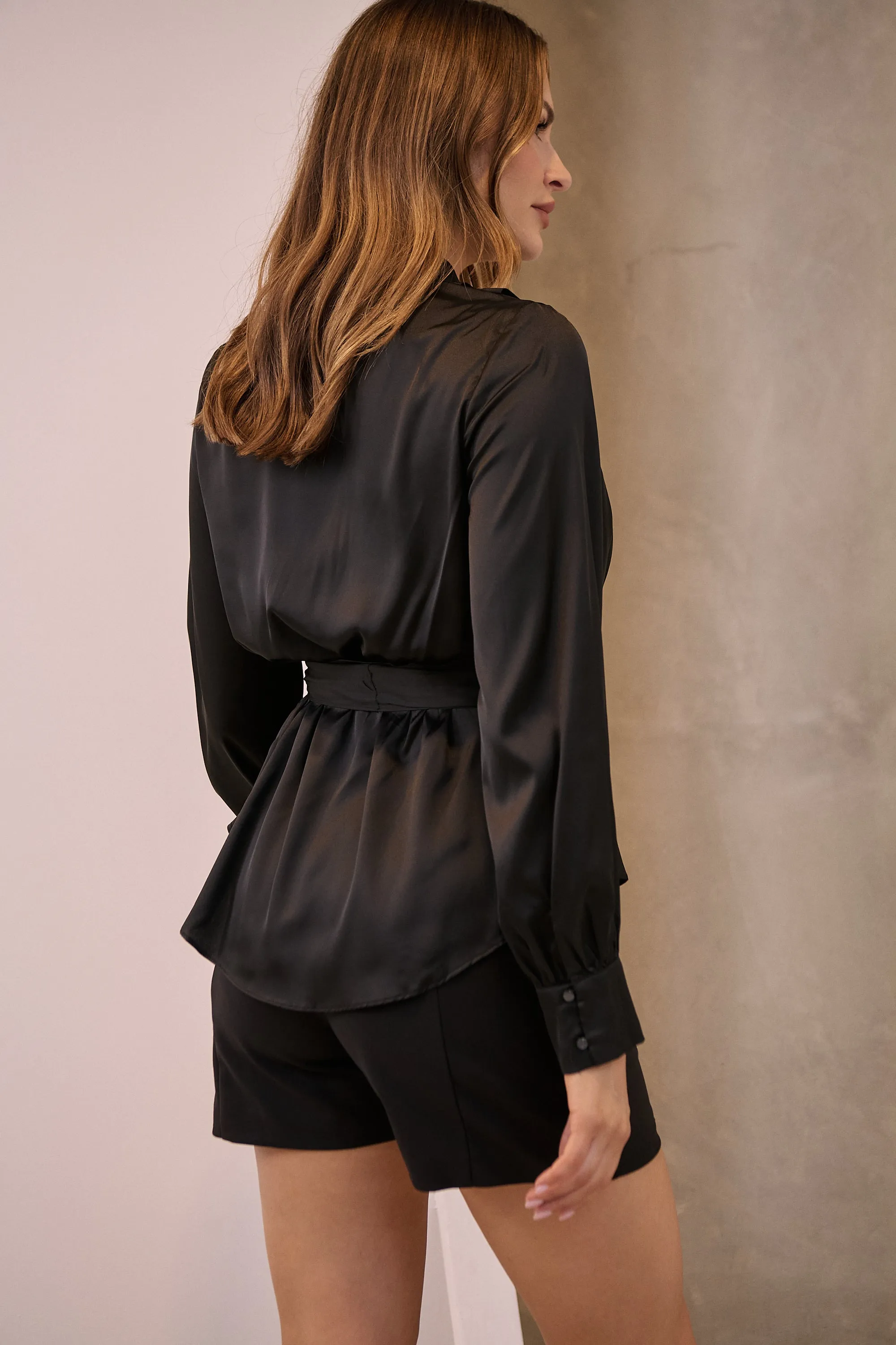 Iris Wrap Black Satin Long Sleeve Evening Top