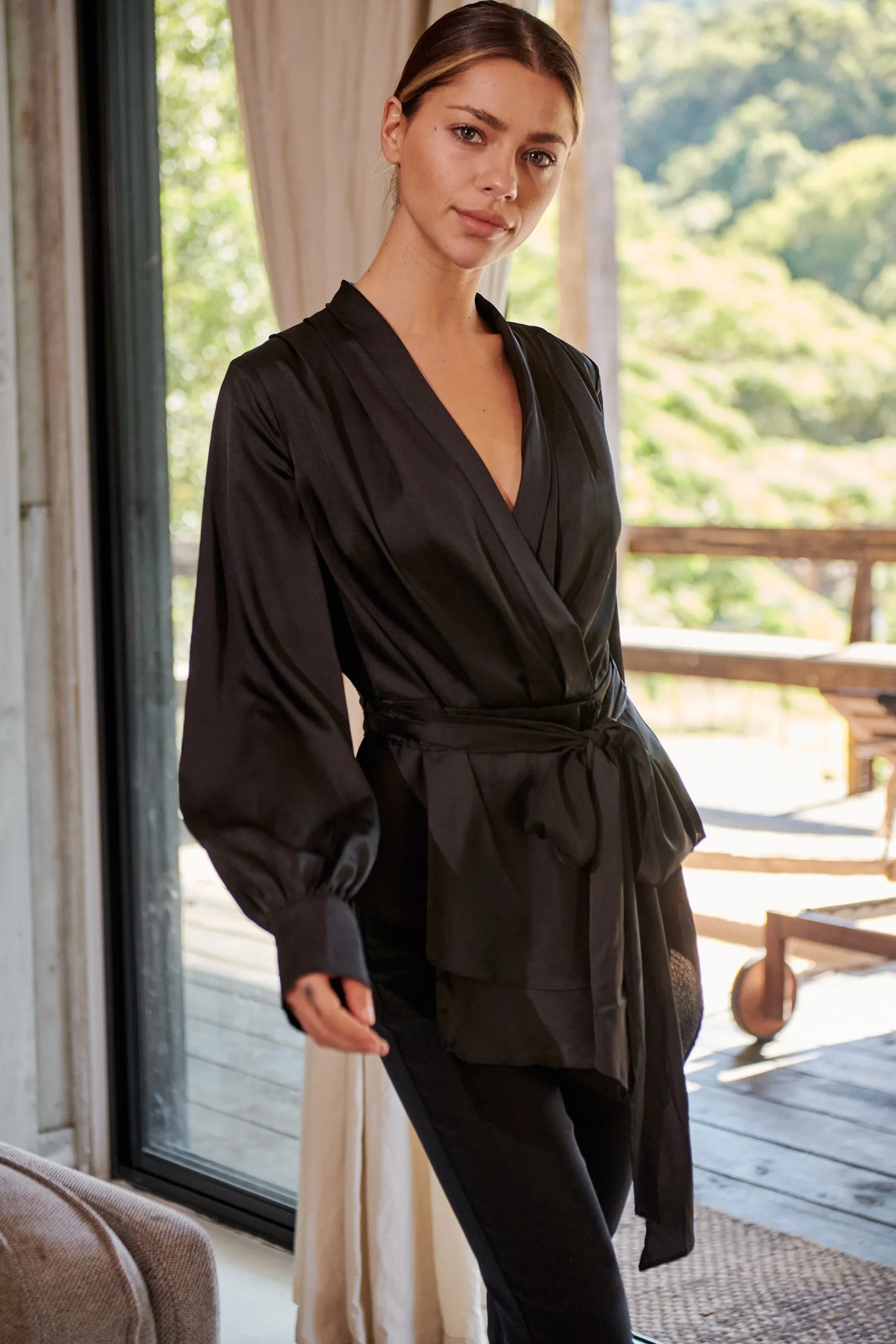 Iris Wrap Black Satin Long Sleeve Evening Top