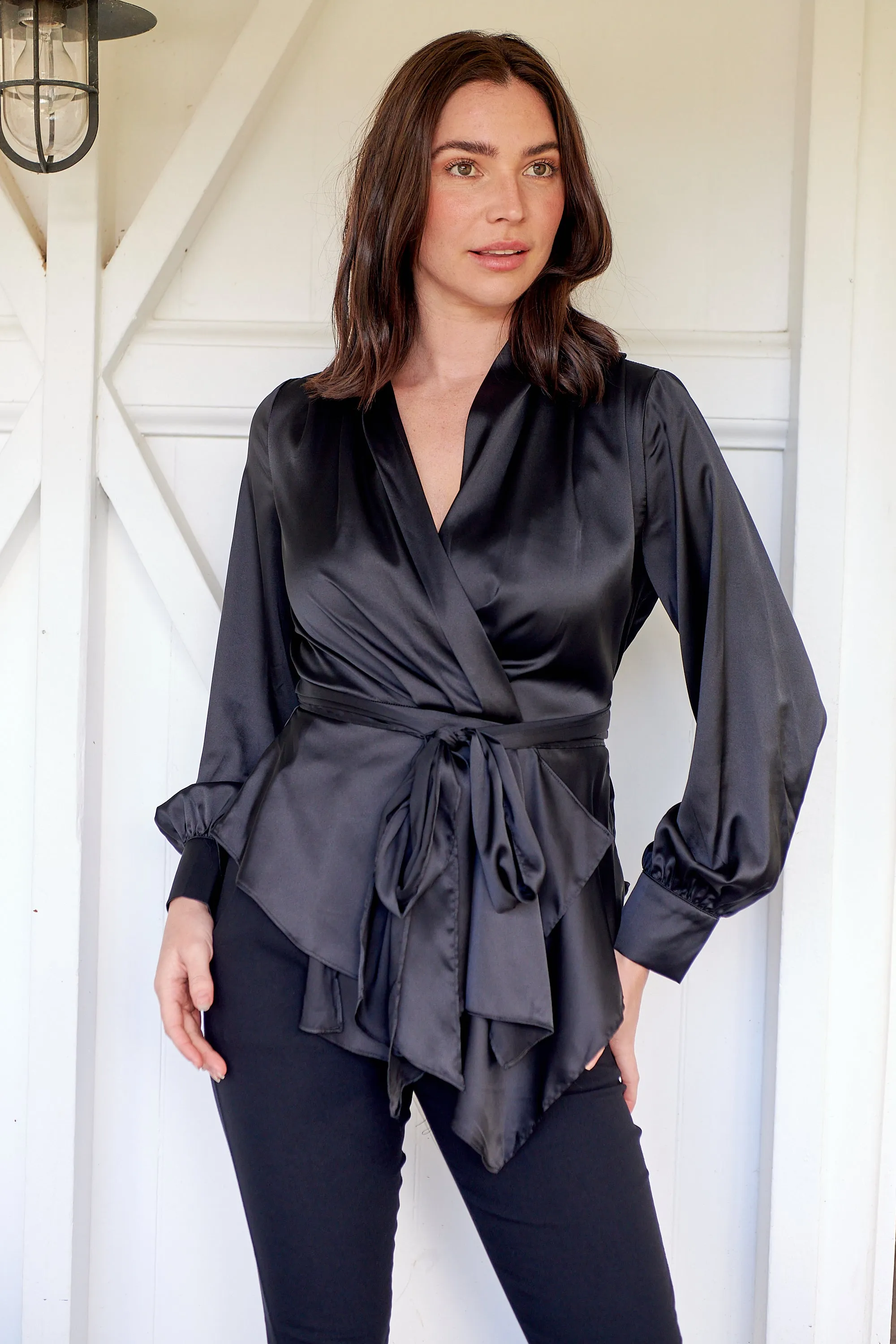 Iris Wrap Black Satin Long Sleeve Evening Top