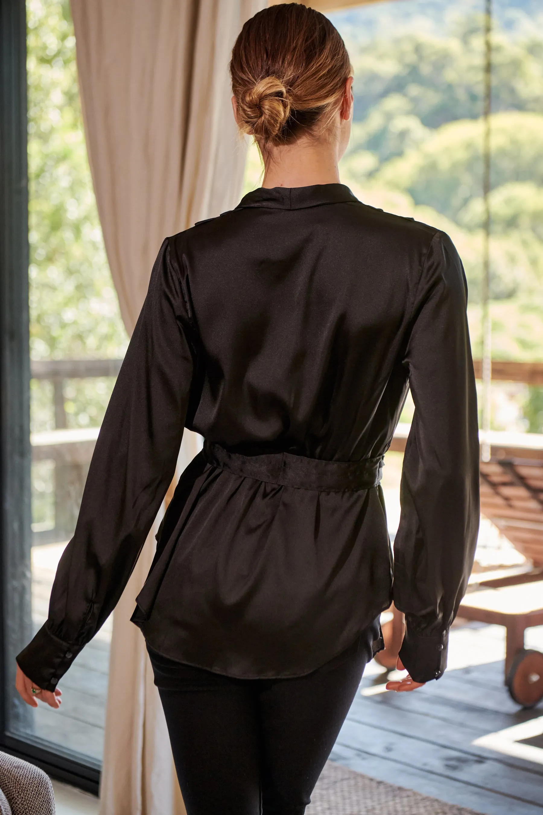 Iris Wrap Black Satin Long Sleeve Evening Top