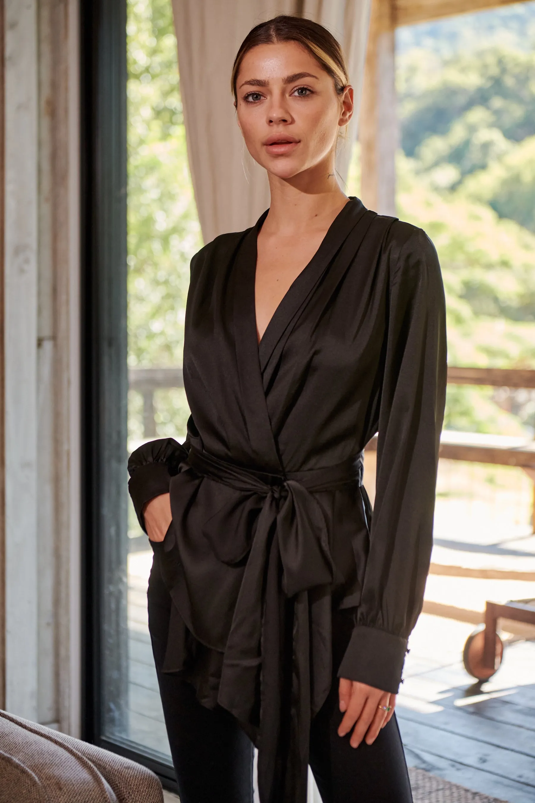 Iris Wrap Black Satin Long Sleeve Evening Top