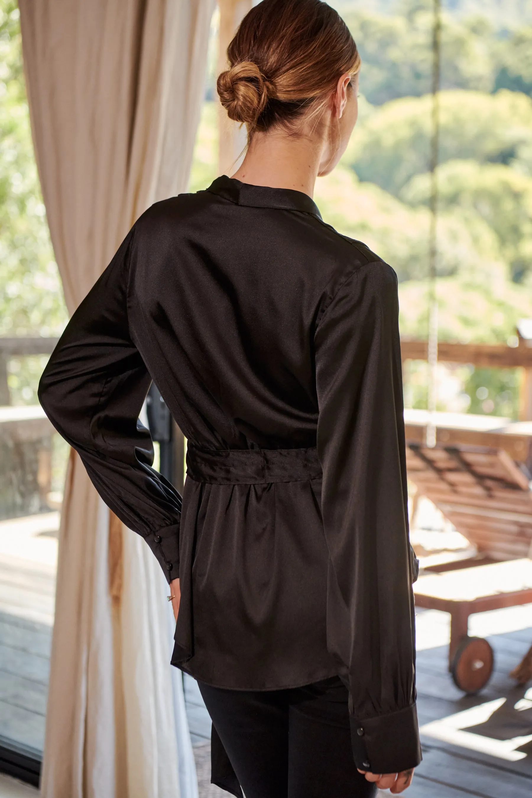 Iris Wrap Black Satin Long Sleeve Evening Top