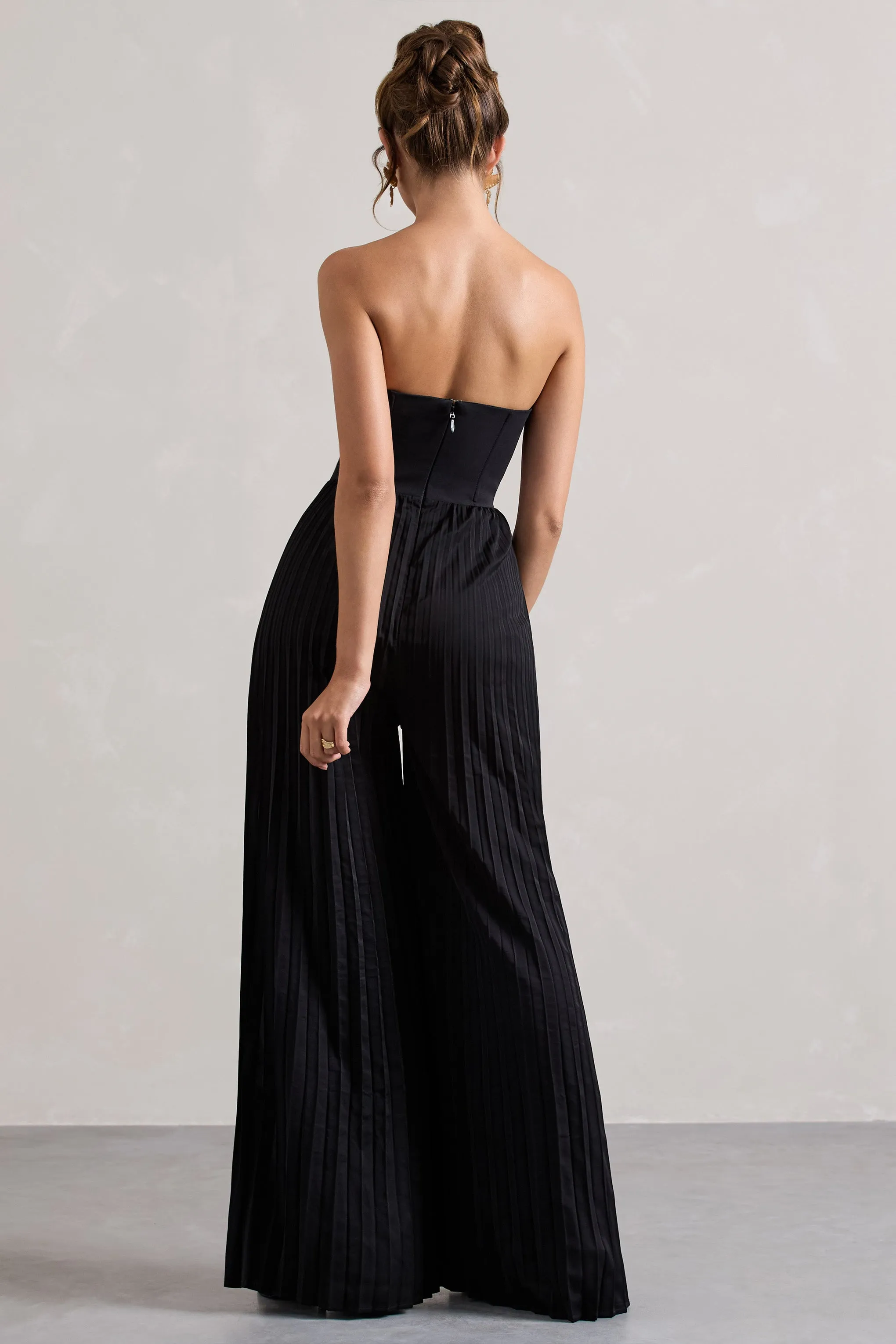 Lorelai | Black Corset Plisse Wide-Leg Jumpsuit