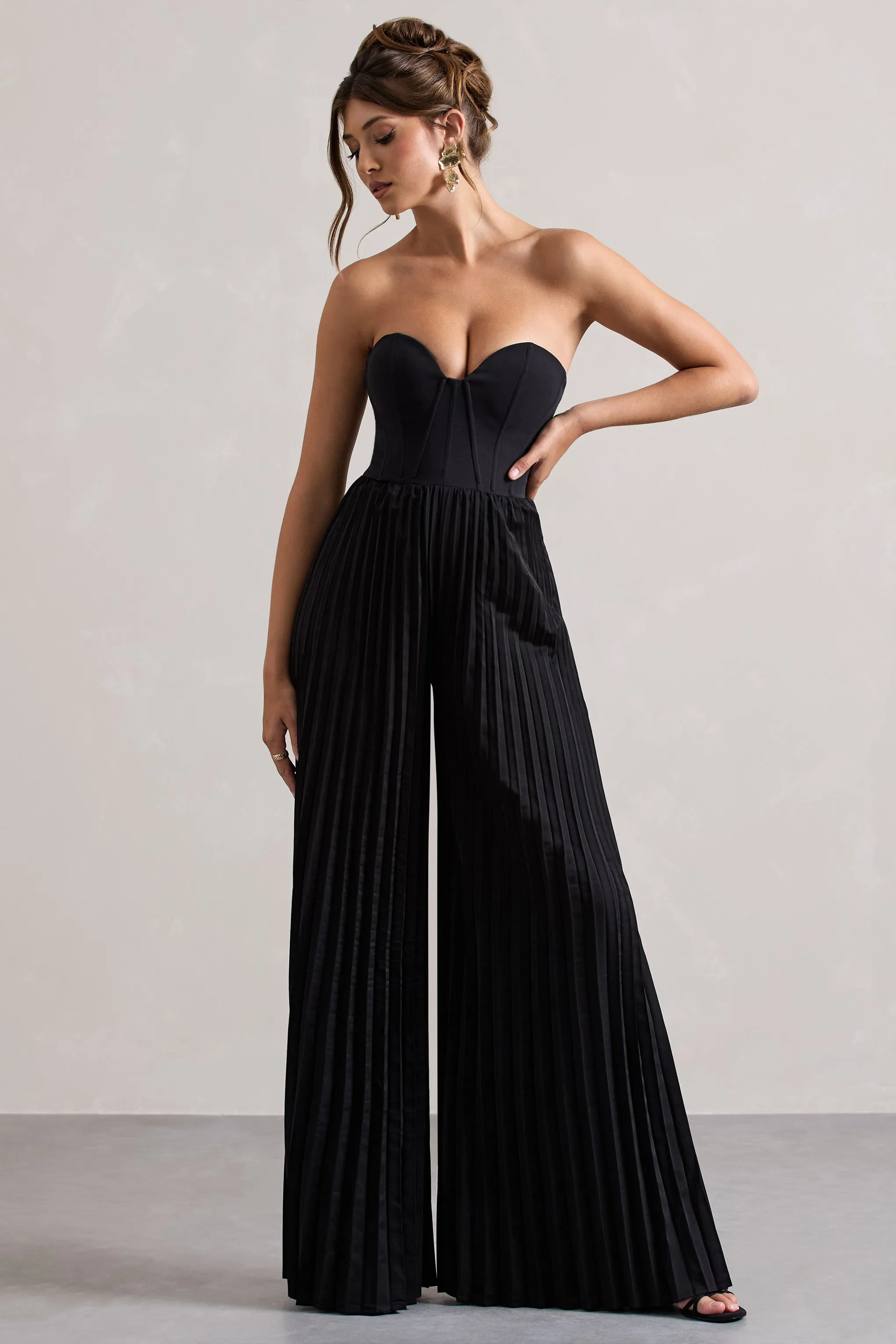 Lorelai | Black Corset Plisse Wide-Leg Jumpsuit