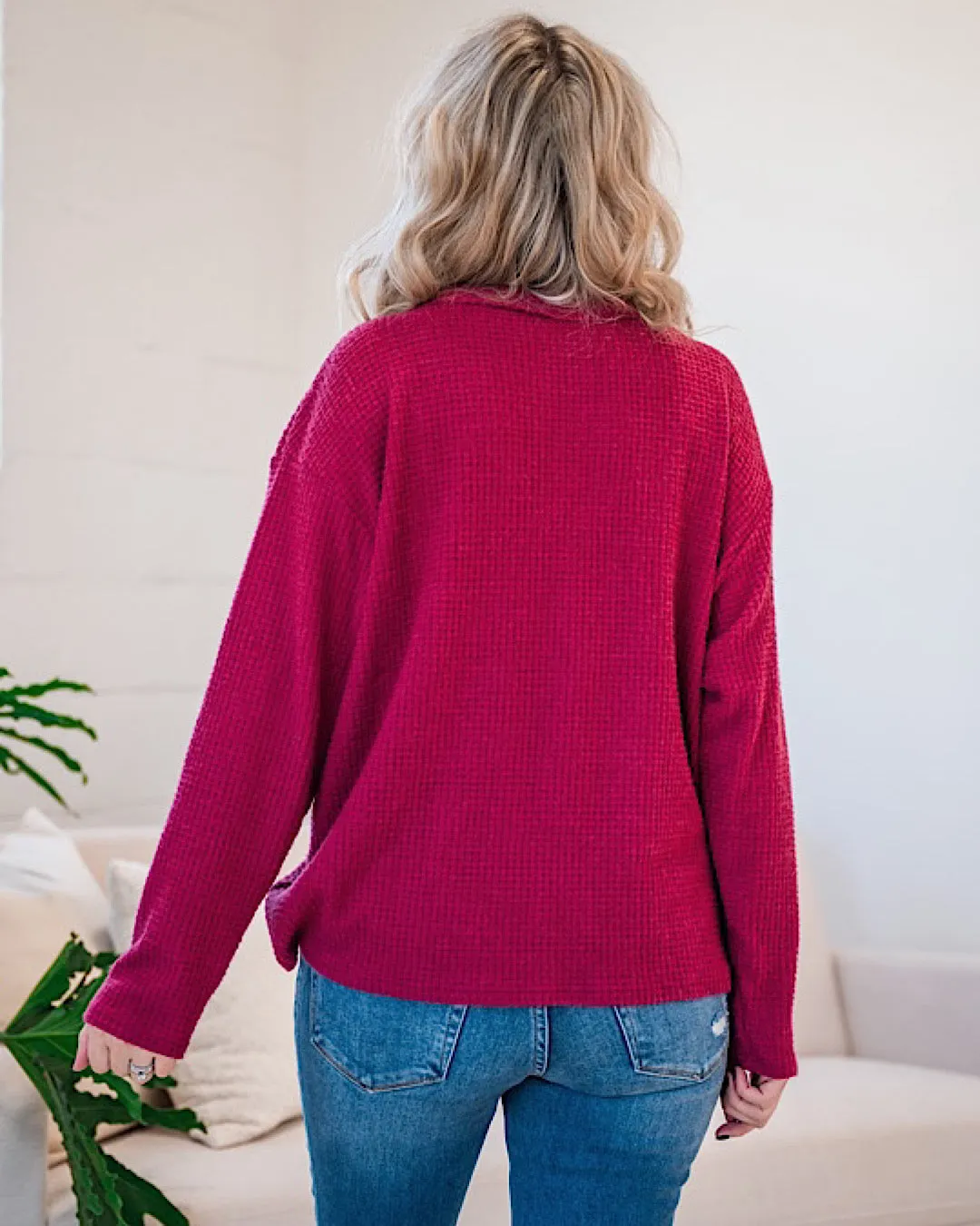 Lose Sight Split Neck Brushed Waffle Top - Maroon