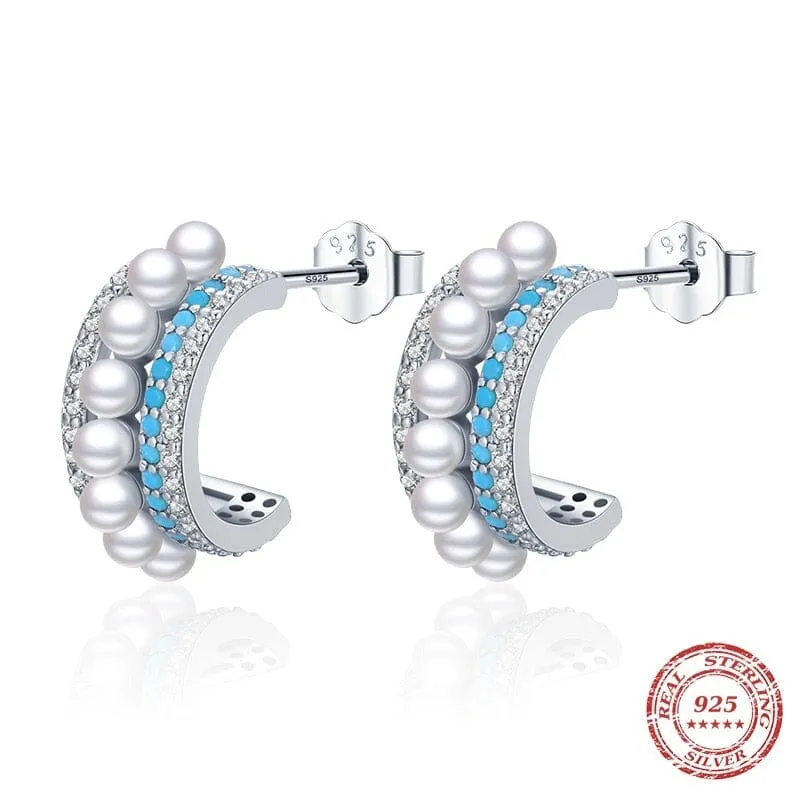 Luxury Pearl Charm Turquoise Stud Earrings - 925 Sterling Silver