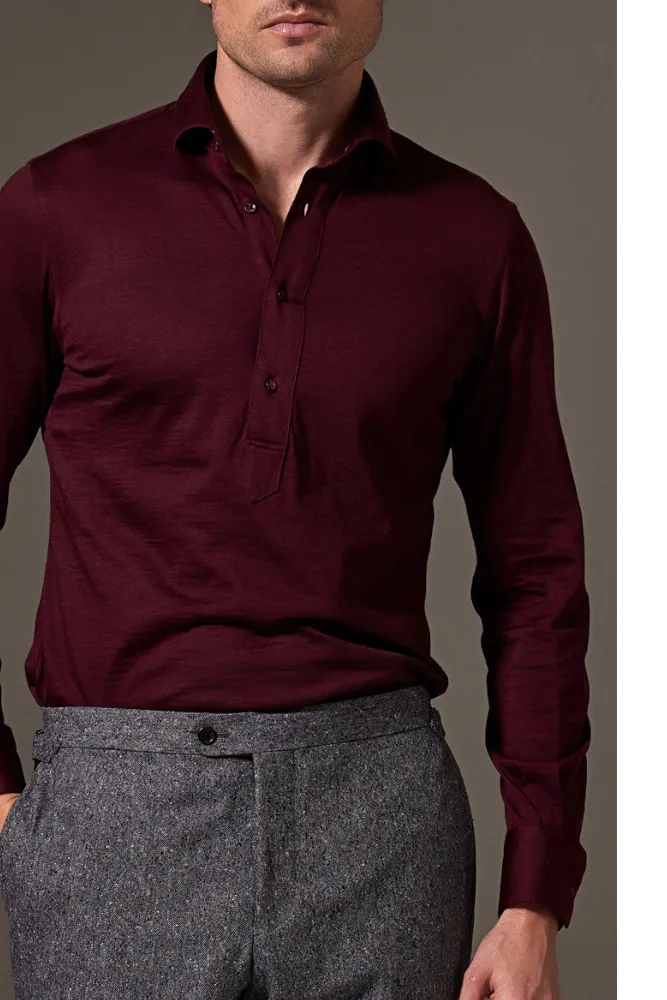 Magnus Long Sleeve Polo Shirt - Burgundy Merino Wool