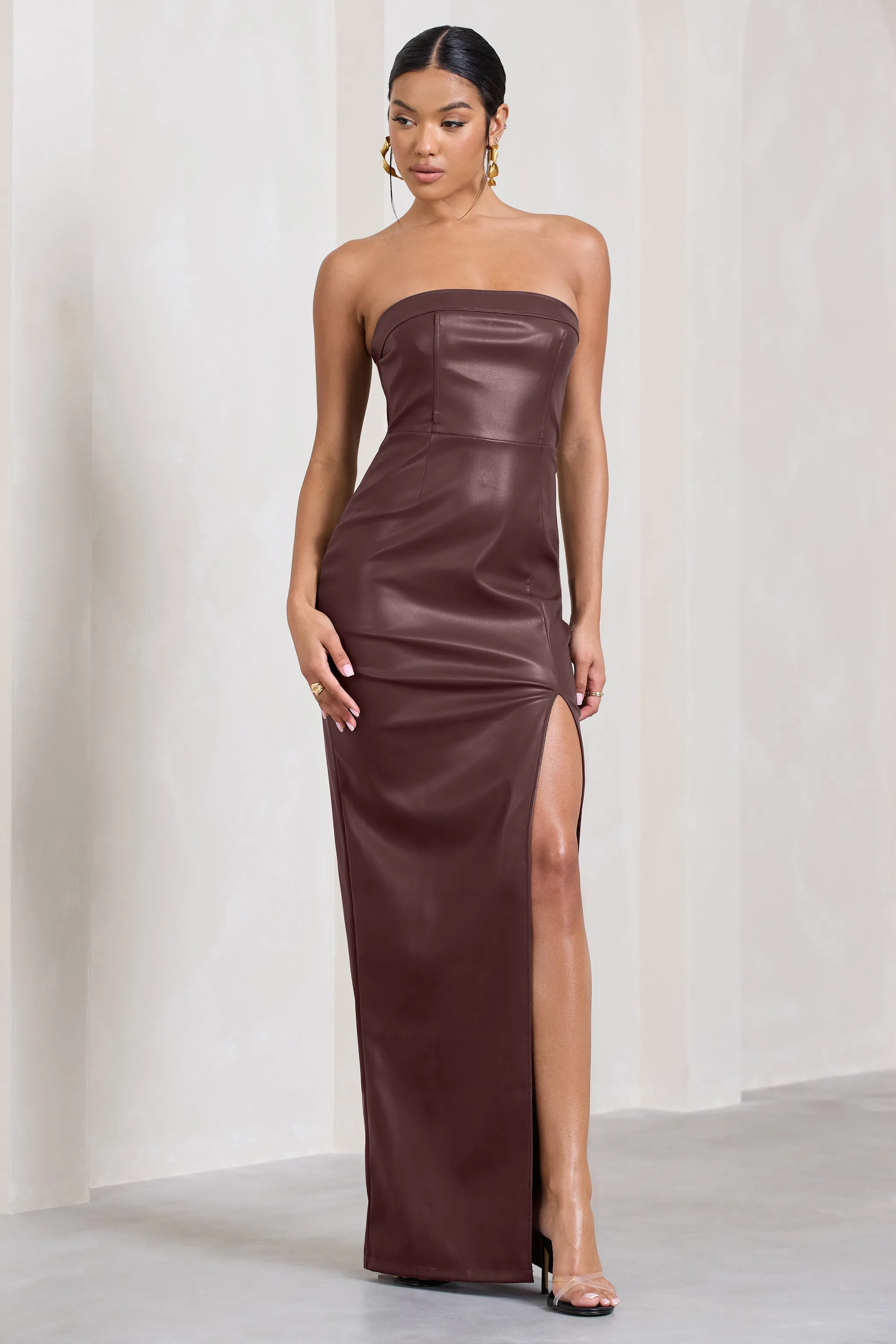 Marlene | Burgundy Faux Leather Strapless Bandeau Split Maxi Dress