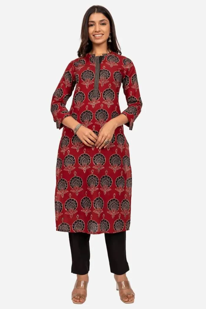 Maroon And Black Peacock Kurta