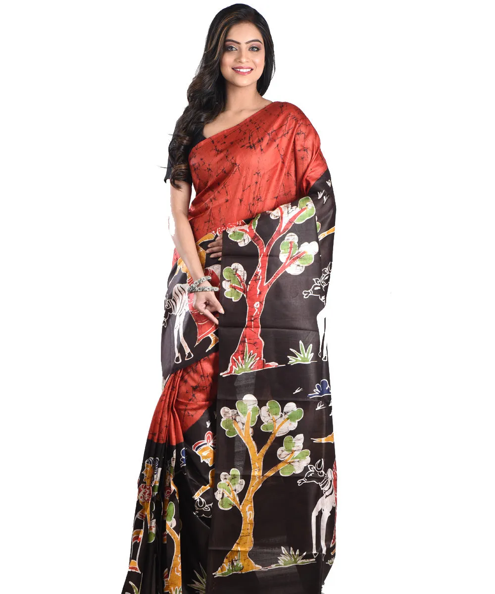 Maroon black silk handloom batik print saree