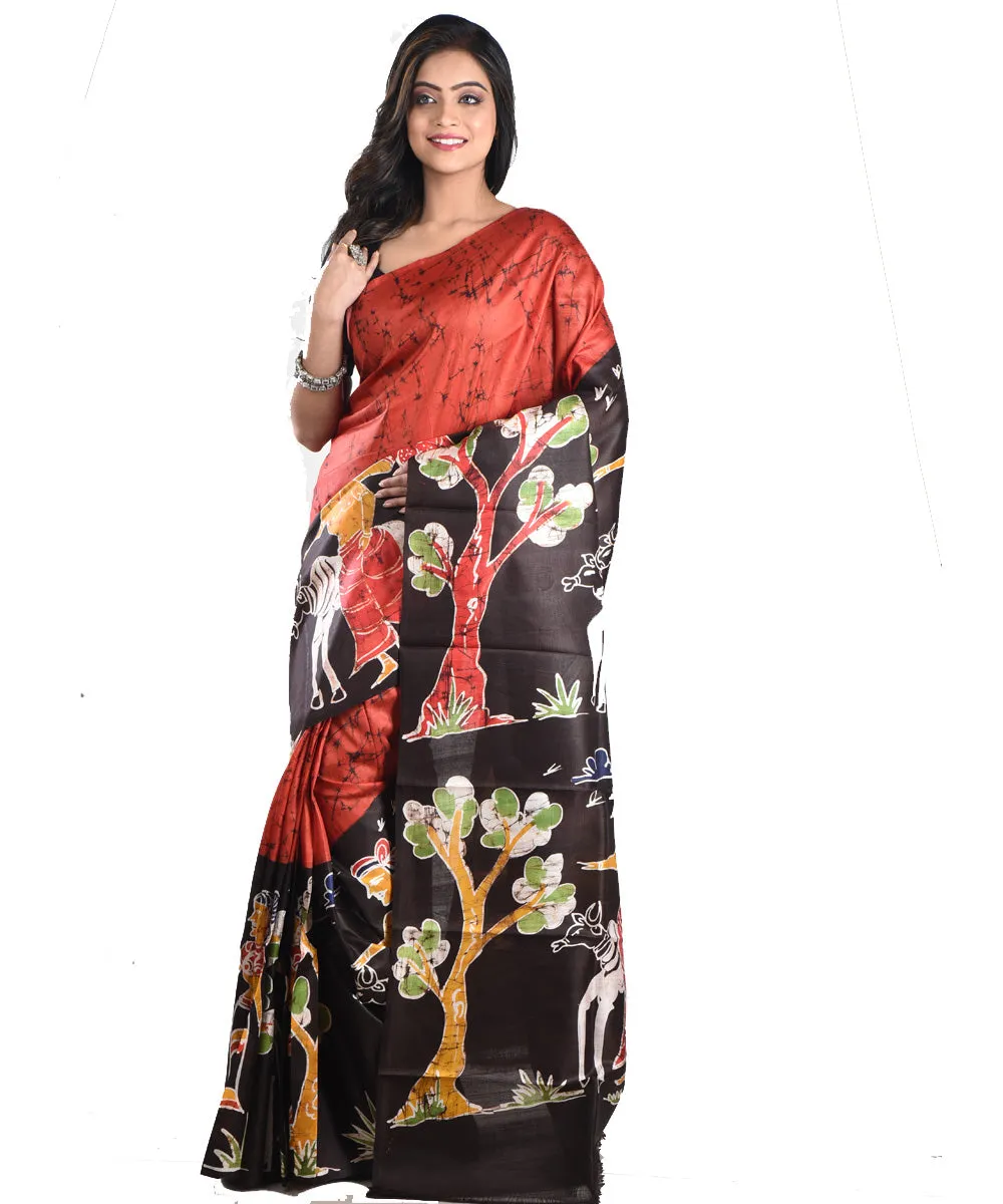 Maroon black silk handloom batik print saree