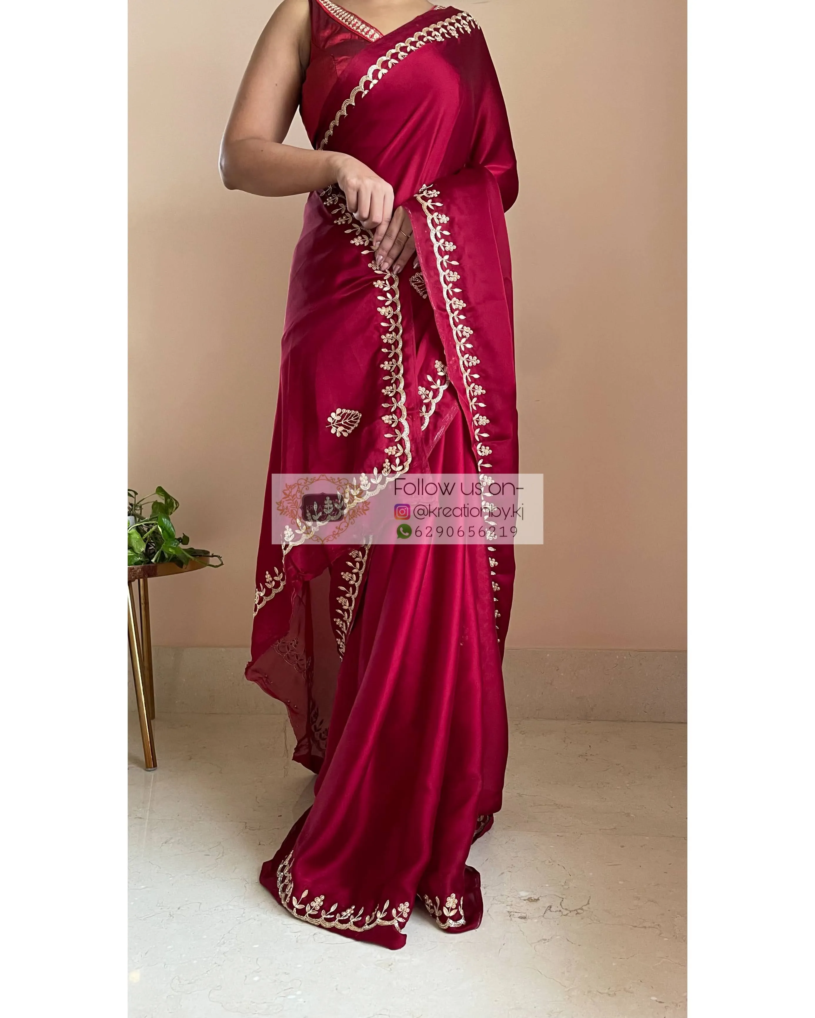 Maroon Crepe Silk Saree With Gota Patti Border