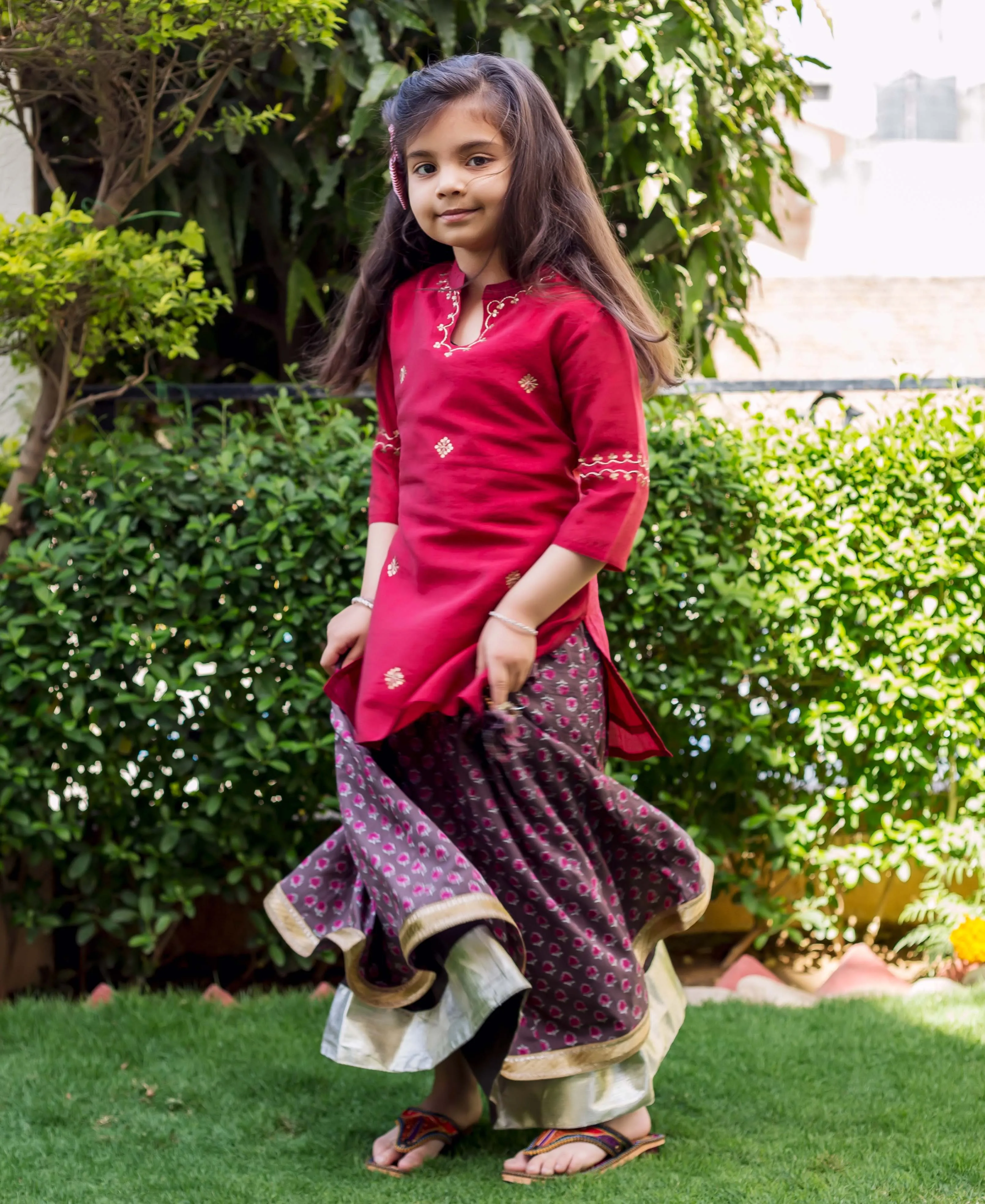 Maroon Embroidered Chanderi Kurta with Skirt