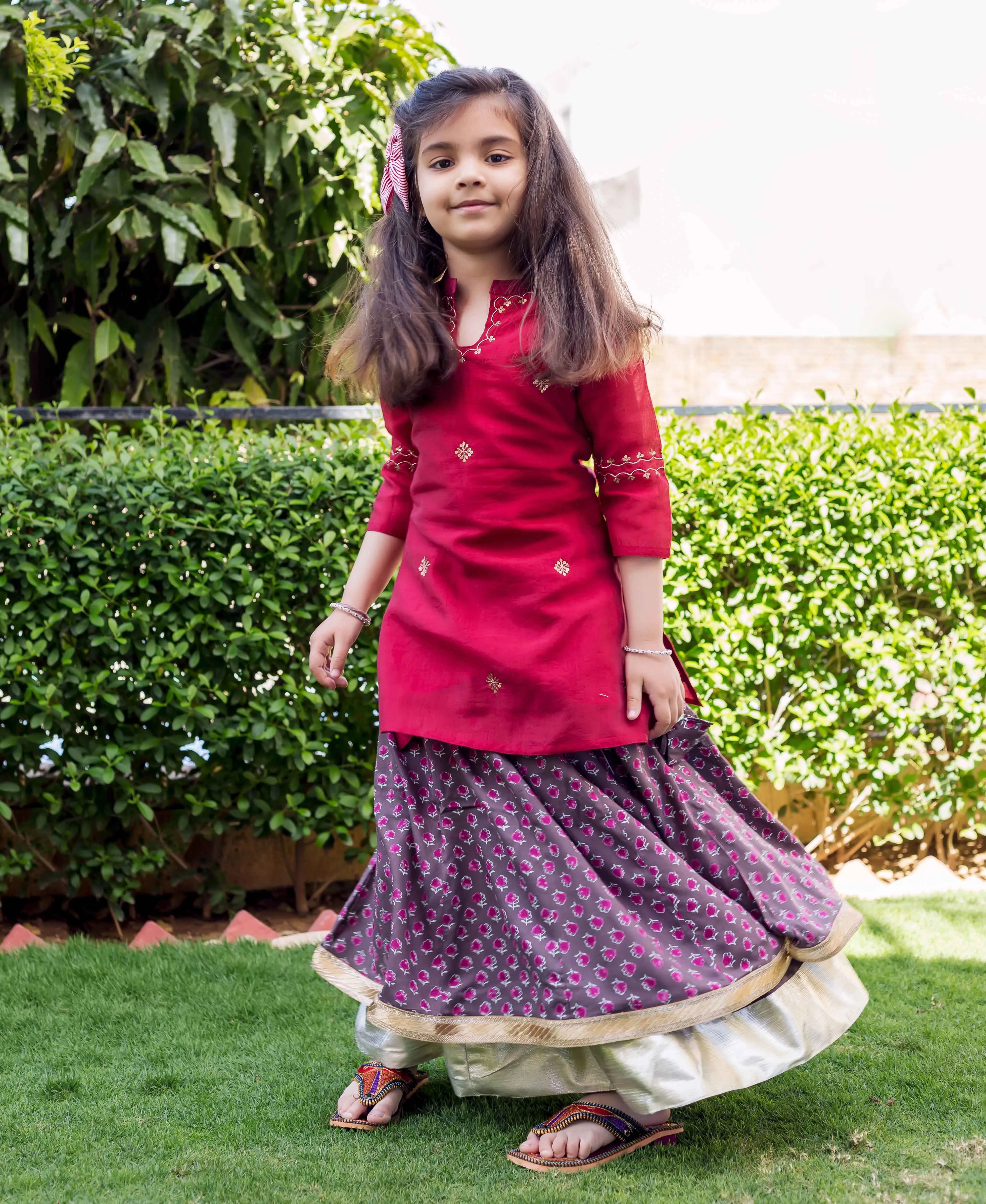 Maroon Embroidered Chanderi Kurta with Skirt