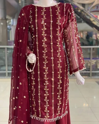 Maroon Georgette Embroidery & Rivet Moti Work Palazzo Suit Set