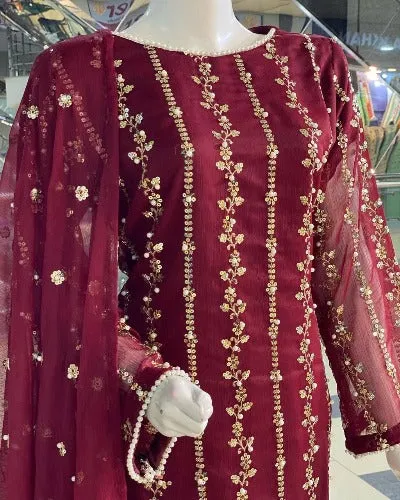 Maroon Georgette Embroidery & Rivet Moti Work Palazzo Suit Set