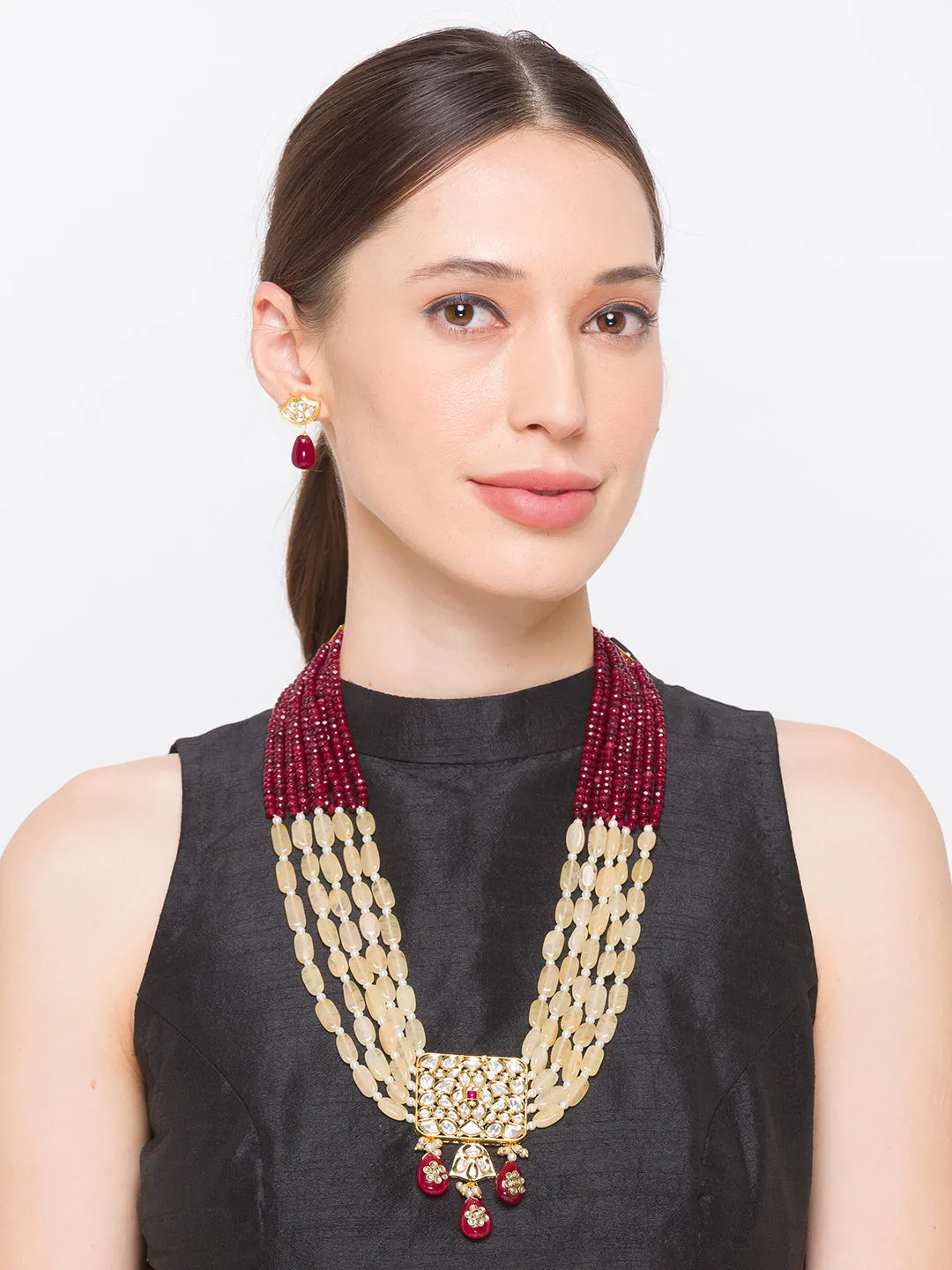 Maroon Gold Tone Kundan Necklace Set with Onyx