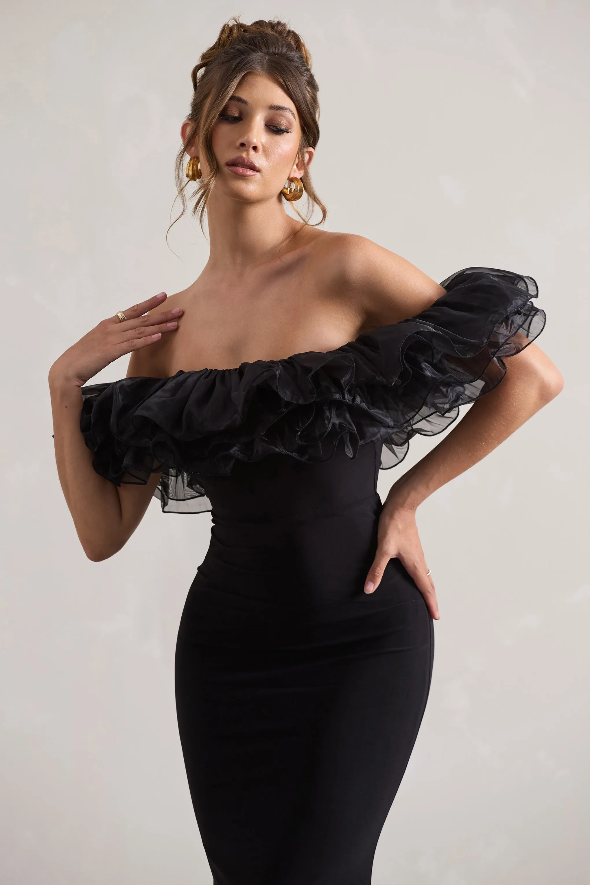 Meryl | Black Strapless Maxi Dress With Organza Trim