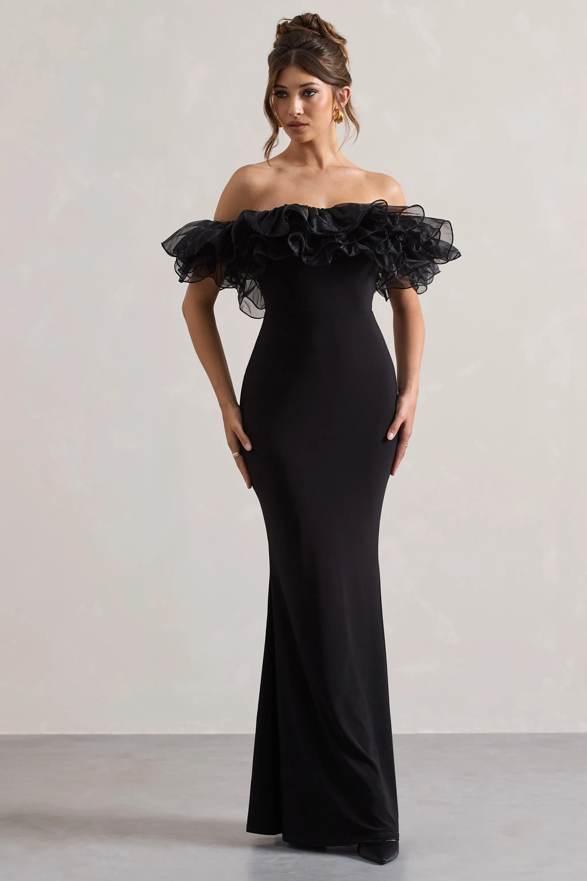 Meryl | Black Strapless Maxi Dress With Organza Trim