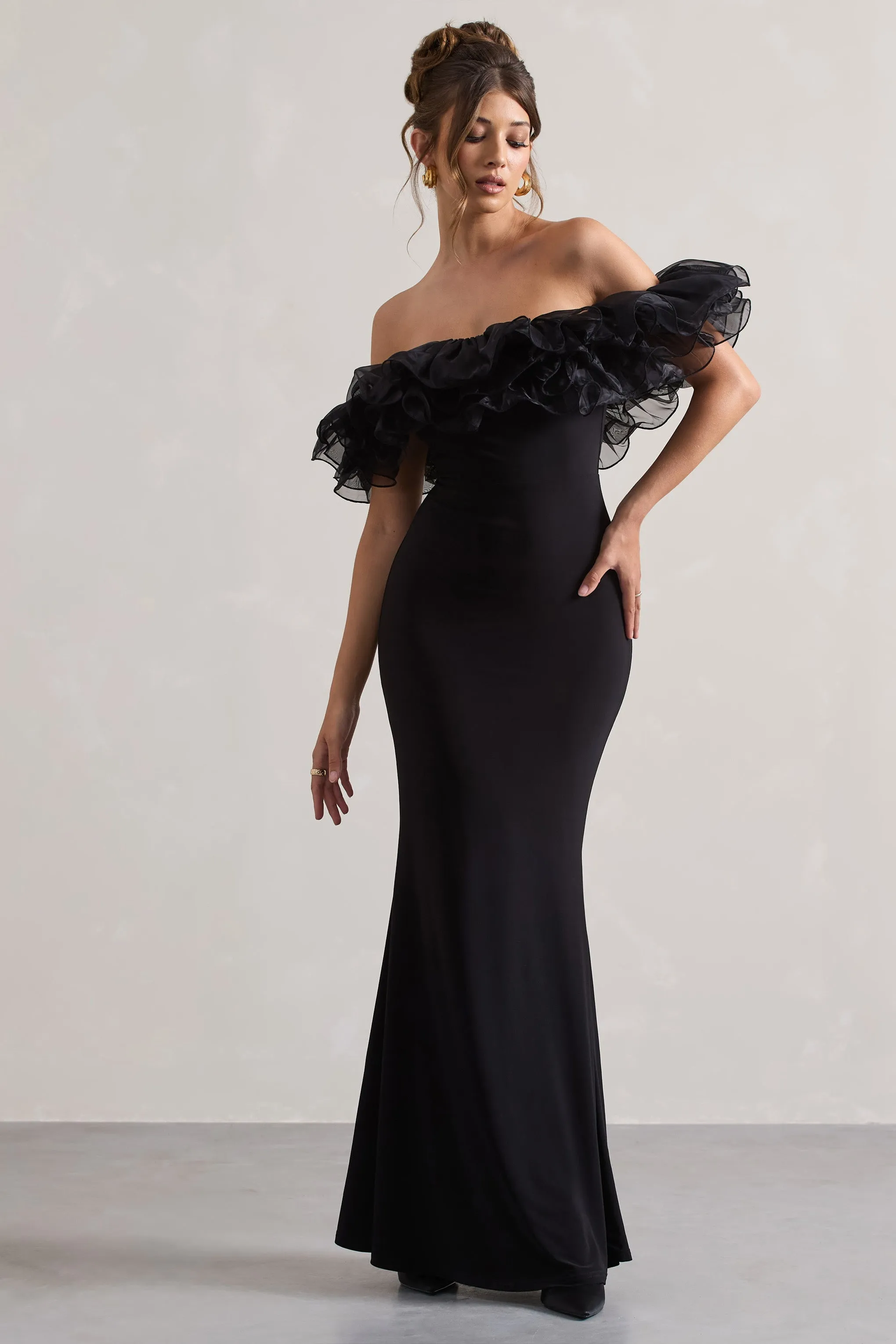 Meryl | Black Strapless Maxi Dress With Organza Trim